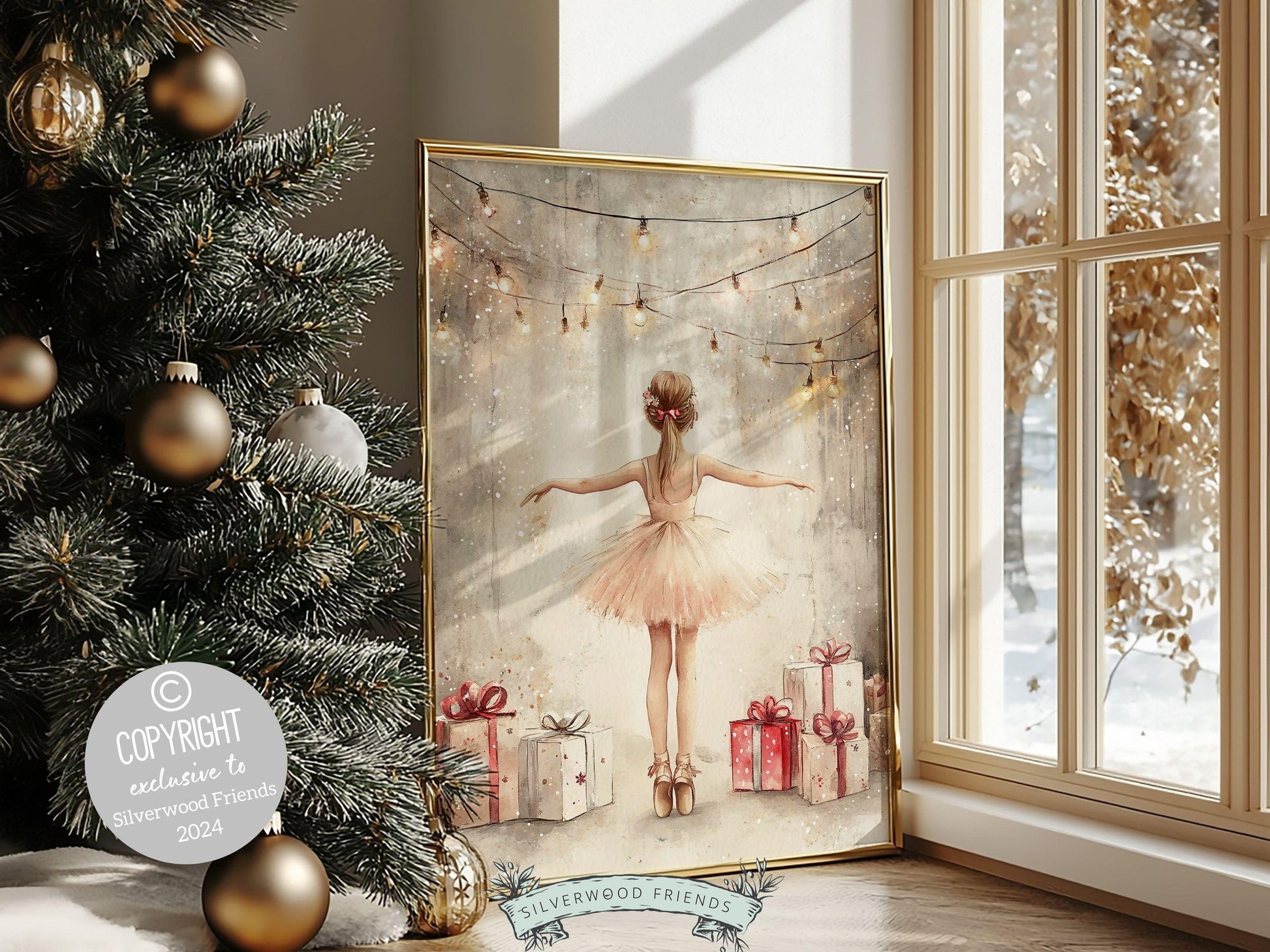 Ballerina Christmas Print, Ballet Nursery Decor Print, Festive Christmas Printable Wall Art, Seasonal Holiday Decor, Xmas Tree Digital Print