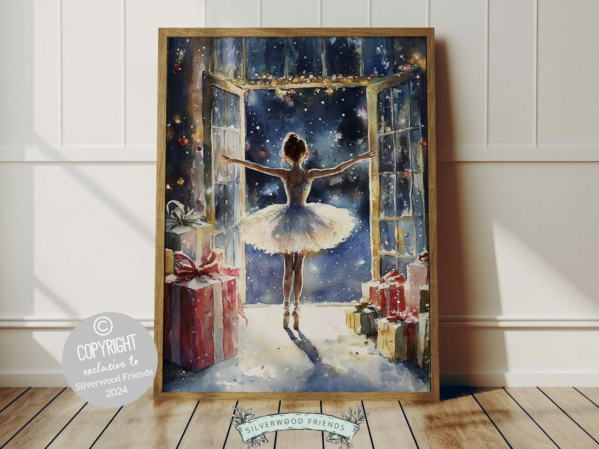 Our charming ballerina Christmas print showcases a sweet ballerina standing under twinkling lights with Christmas gifts and gazing out at the night time falling snow. The perfect gift for a ballet lover or a babys first Christmas.