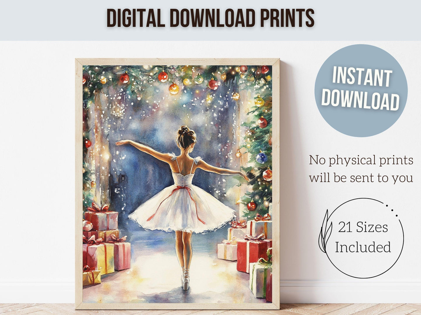 Ballerina Christmas Print, Ballet Nursery Decor Print, Festive Christmas Printable Wall Art, Seasonal Holiday Decor, Xmas Tree Digital Print
