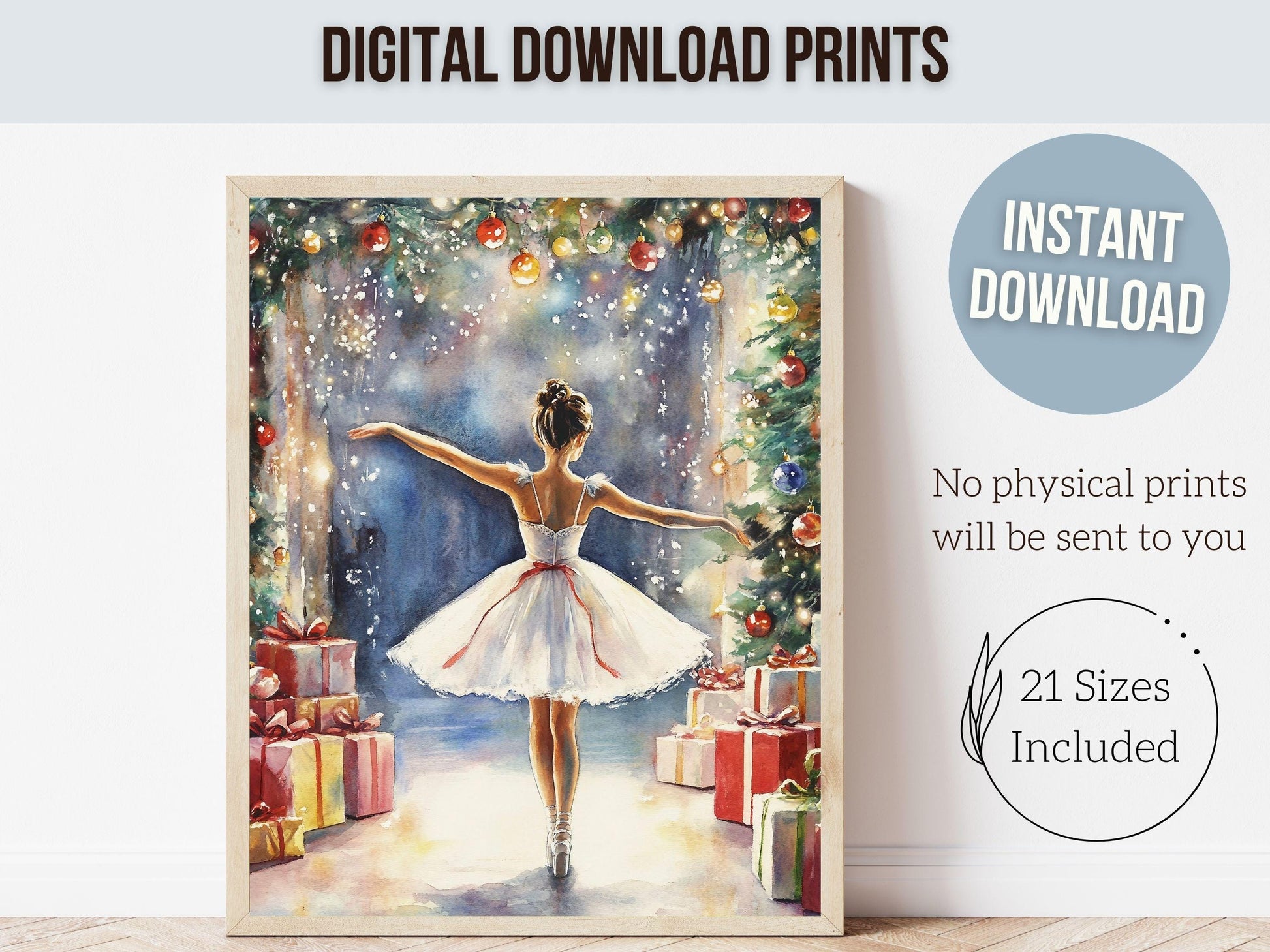 Ballerina Christmas Print, Ballet Nursery Decor Print, Festive Christmas Printable Wall Art, Seasonal Holiday Decor, Xmas Tree Digital Print