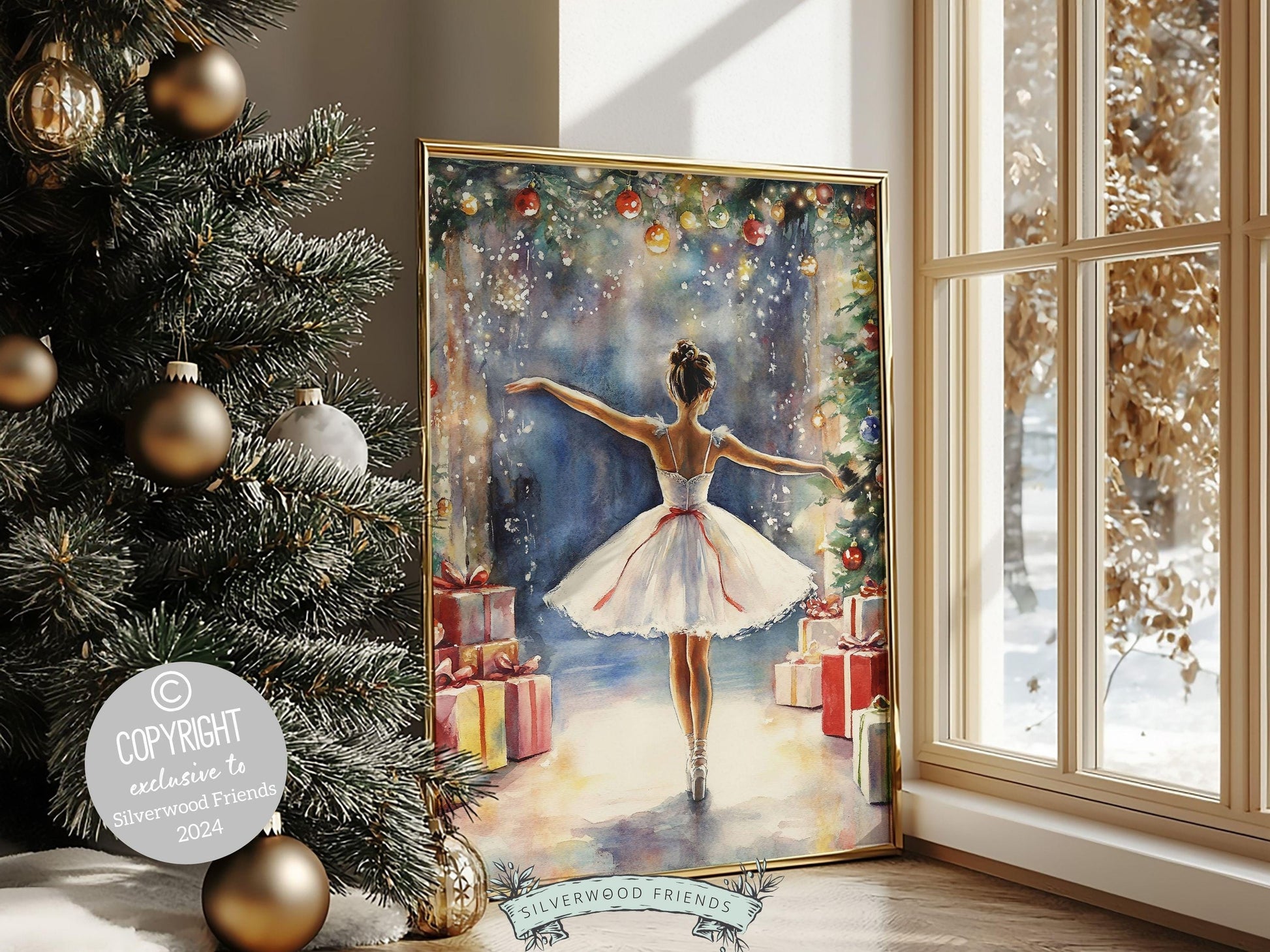 Ballerina Christmas Print, Ballet Nursery Decor Print, Festive Christmas Printable Wall Art, Seasonal Holiday Decor, Xmas Tree Digital Print