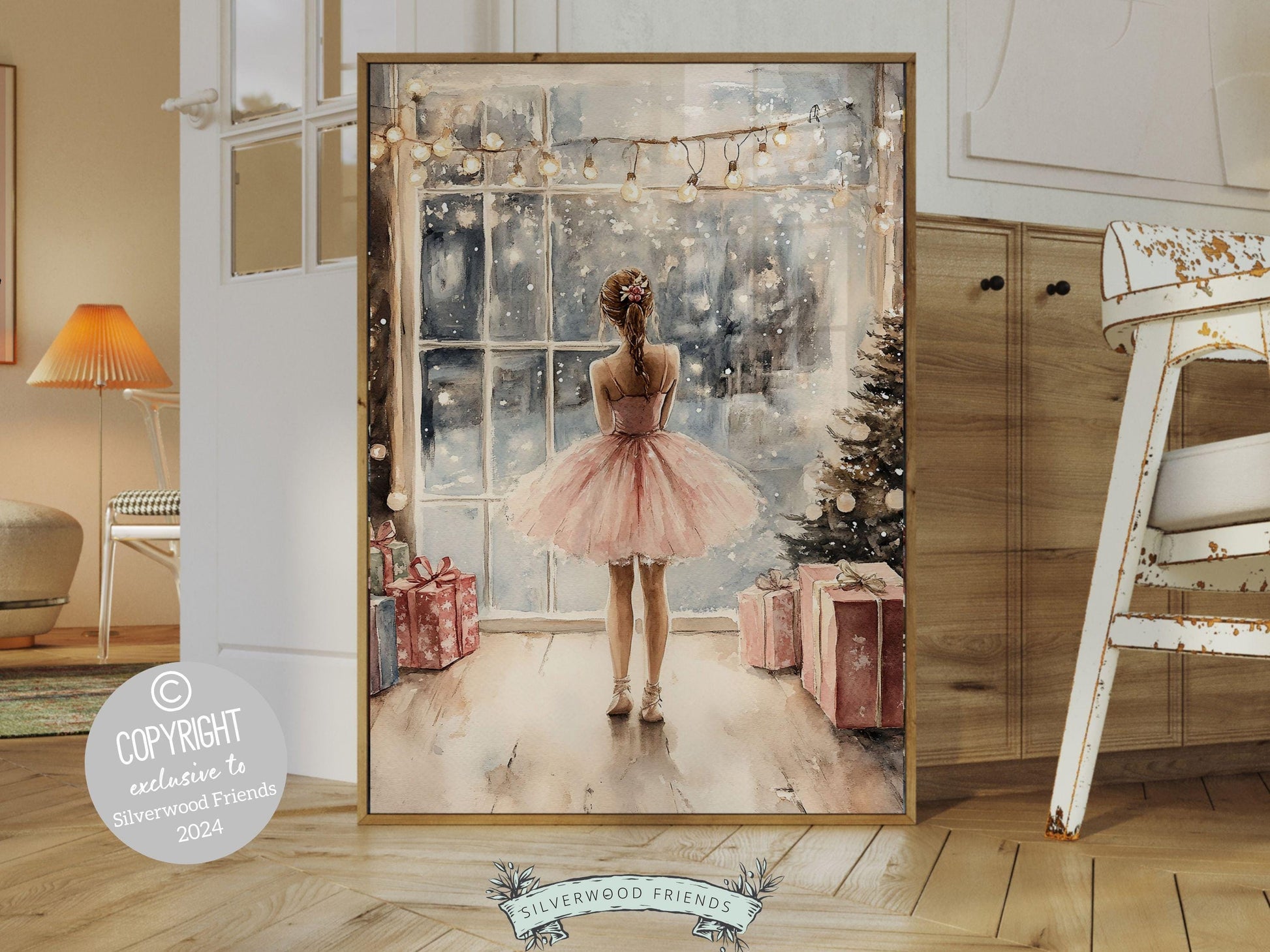 Ballerina Christmas Print, Ballet Nursery Decor Print, Festive Christmas Printable Wall Art, Seasonal Holiday Decor, Xmas Tree Digital Print