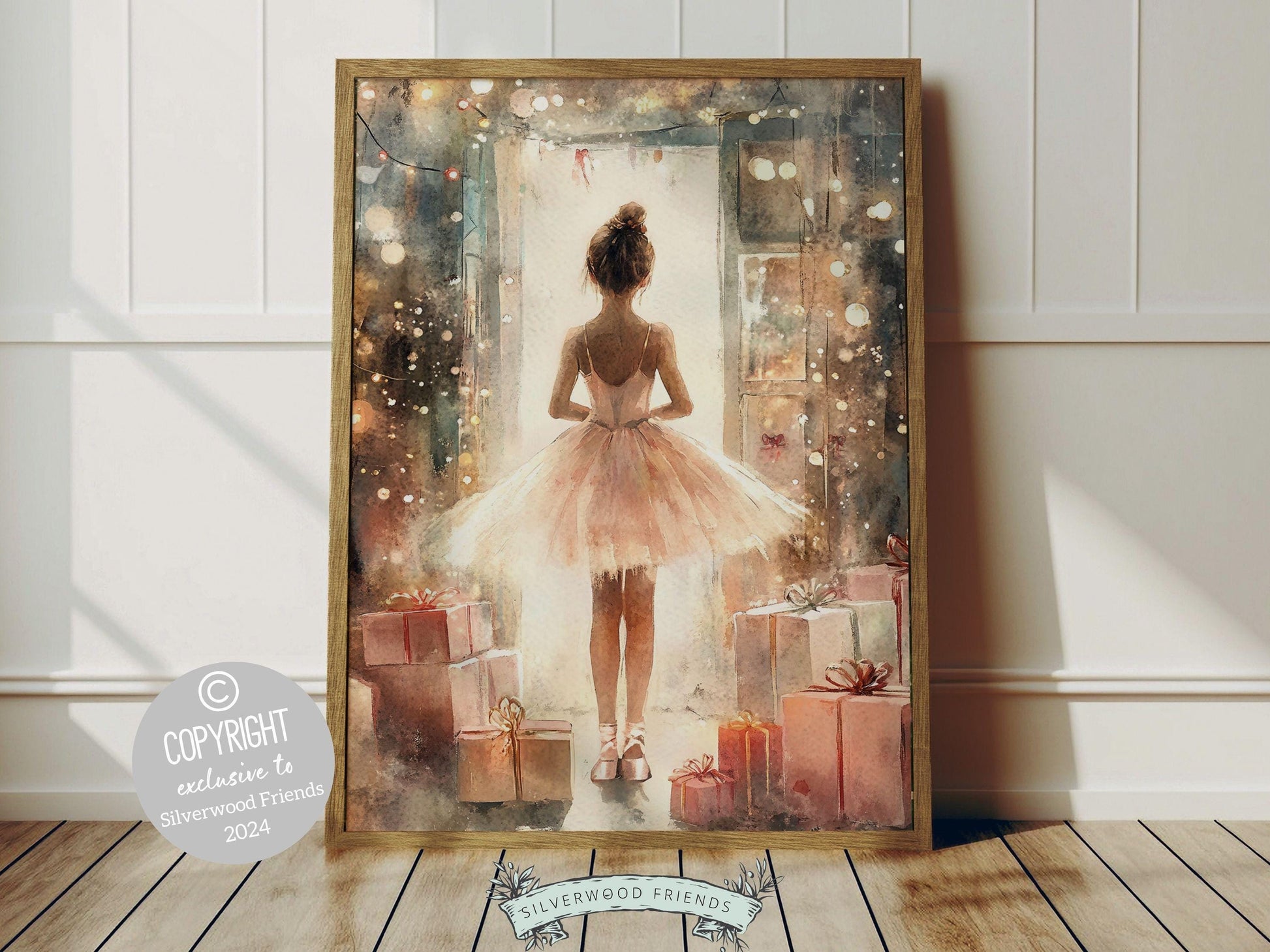 Charming ballerina Christmas print showcases a sweet little ballerina in a pink tutu, standing under twinkling fairy lights and gazing at the falling snow. The perfect gift for a young ballet lover or a babys first Christmas this print adds whimsical