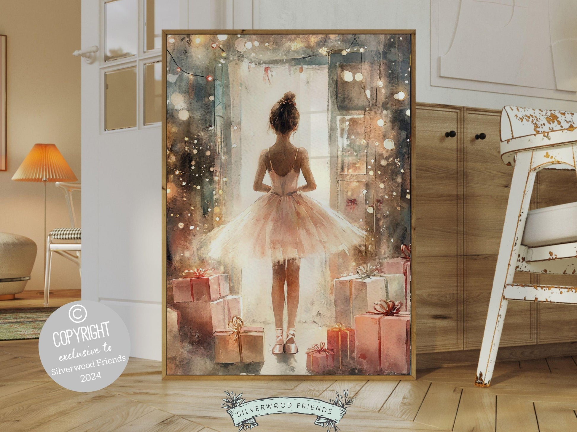 Ballerina Christmas Print, Ballet Nursery Decor Print, Festive Christmas Printable Wall Art, Seasonal Holiday Decor, Xmas Tree Digital Print