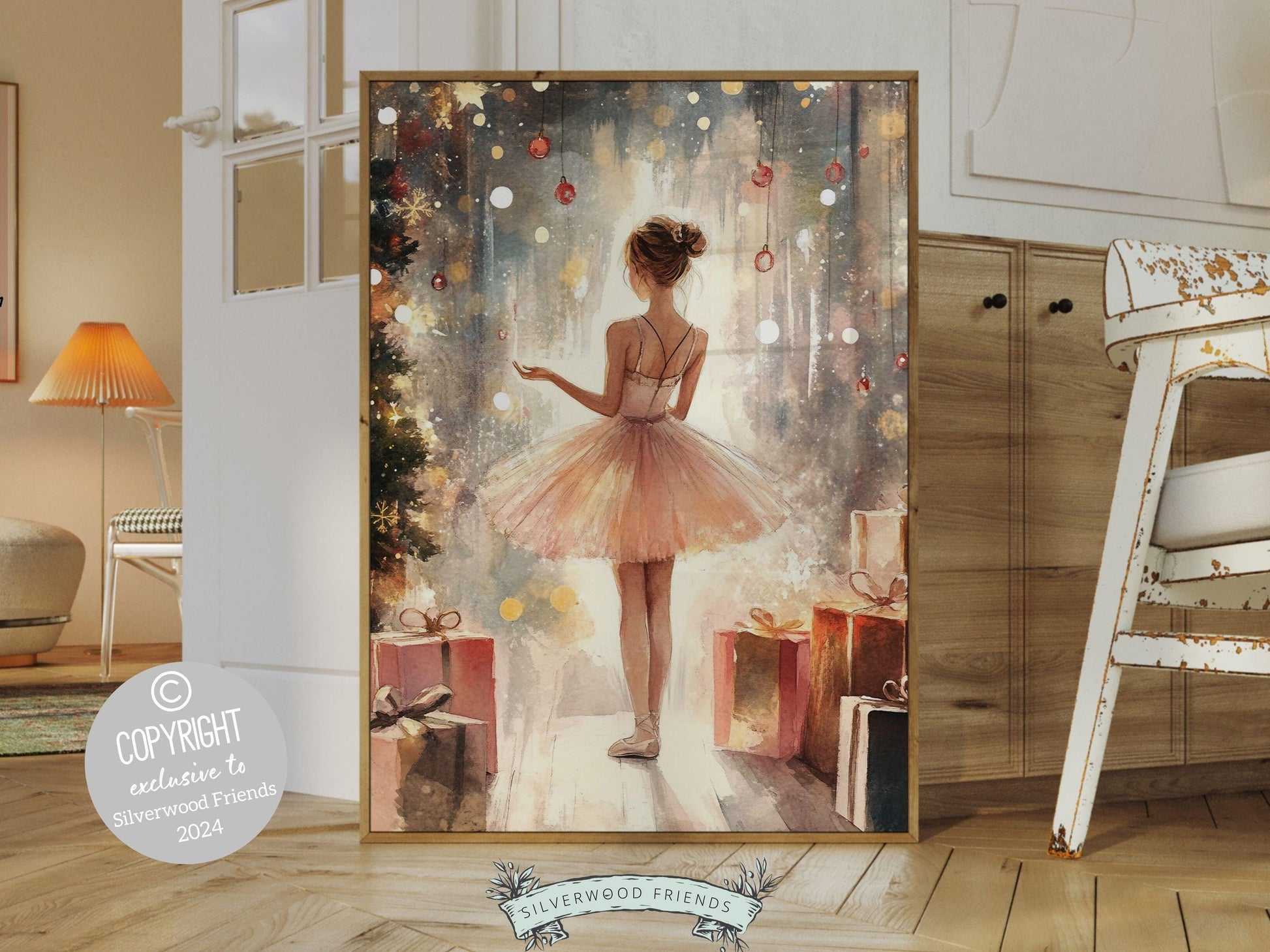 Ballerina Christmas Print, Ballet Nursery Decor Print, Festive Christmas Printable Wall Art, Seasonal Holiday Decor, Xmas Tree Digital Print