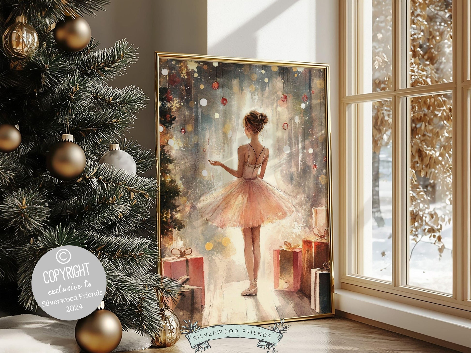 Ballerina Christmas Print, Ballet Nursery Decor Print, Festive Christmas Printable Wall Art, Seasonal Holiday Decor, Xmas Tree Digital Print