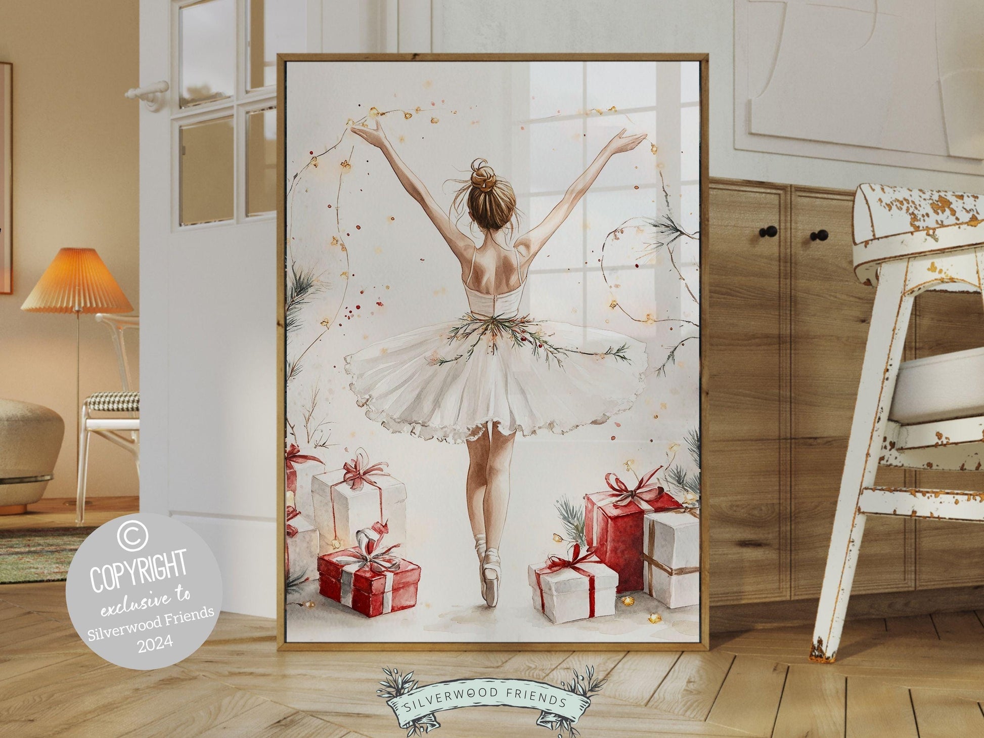 Our trendy ballerina Christmas print showcases a sweet ballerina standing under twinkling lights with Christmas gifts celebrating the joy of the festive season. The perfect gift for a ballet lover, this print adds whimsical, festive charm to any room