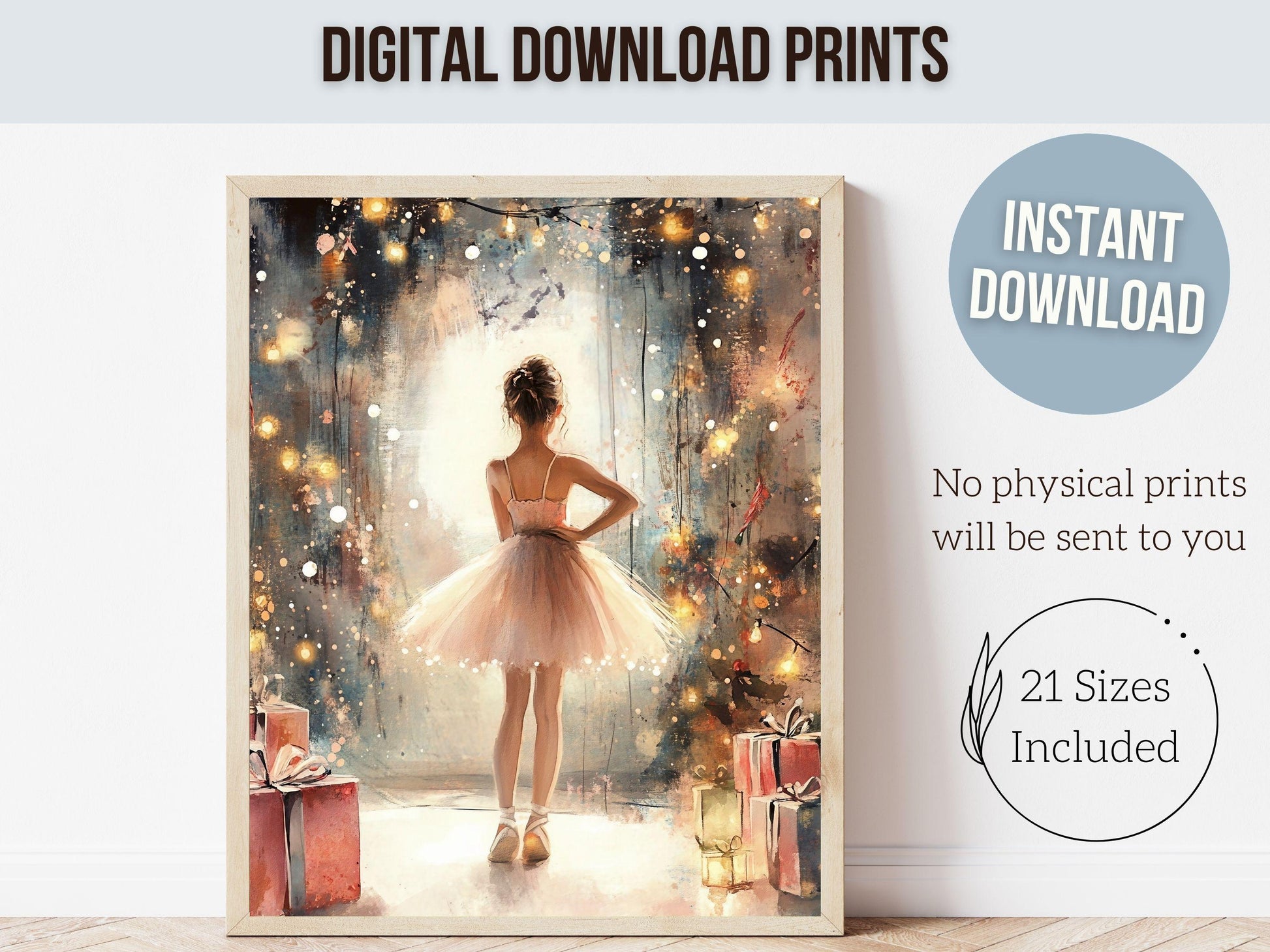 Ballerina Christmas Print, Baby Girls Ballet Nursery Decor Print, Festive Christmas Printable Wall Art, Seasonal Holiday Decor Digital Print