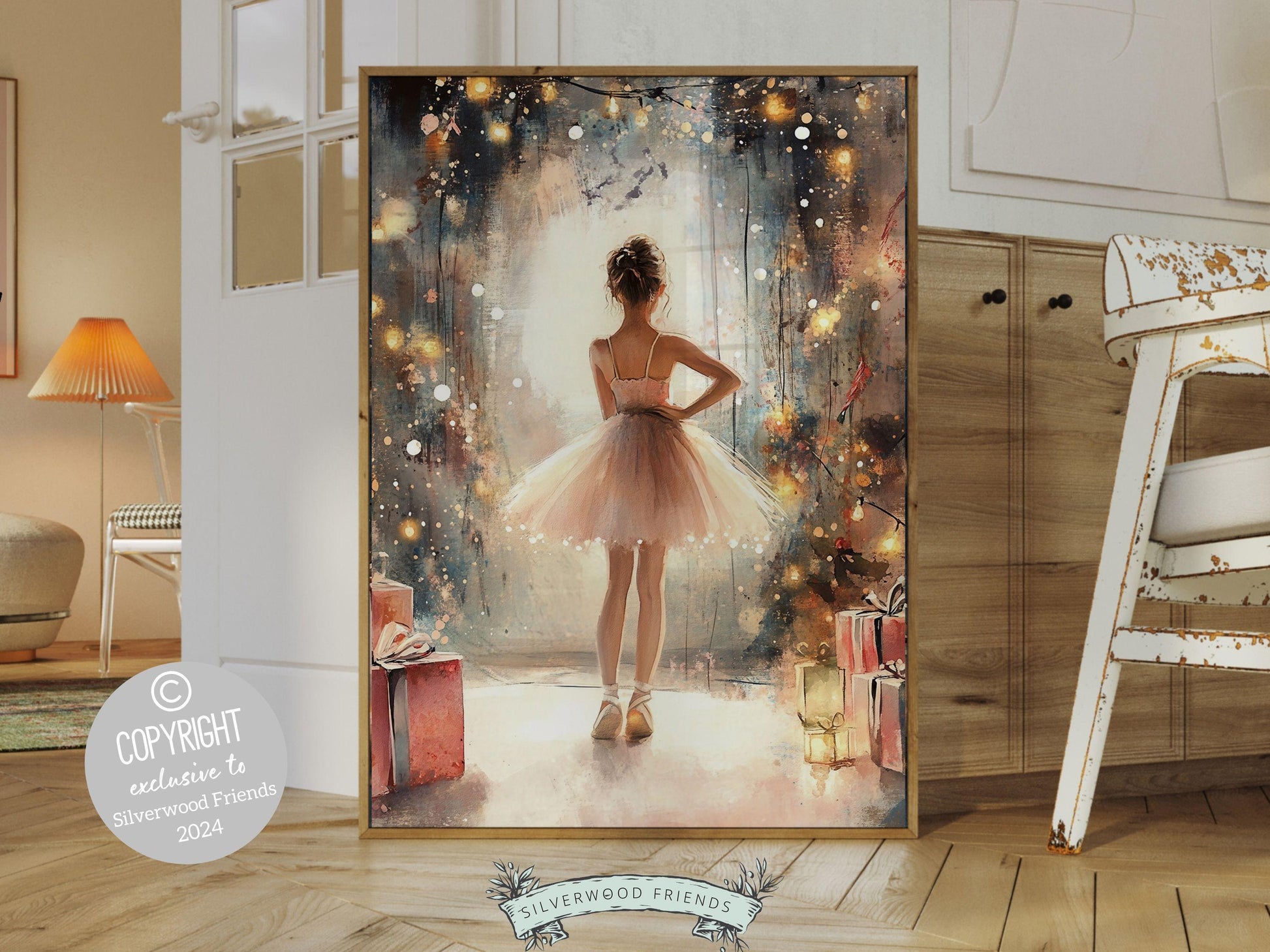 Ballerina Christmas Print, Baby Girls Ballet Nursery Decor Print, Festive Christmas Printable Wall Art, Seasonal Holiday Decor Digital Print