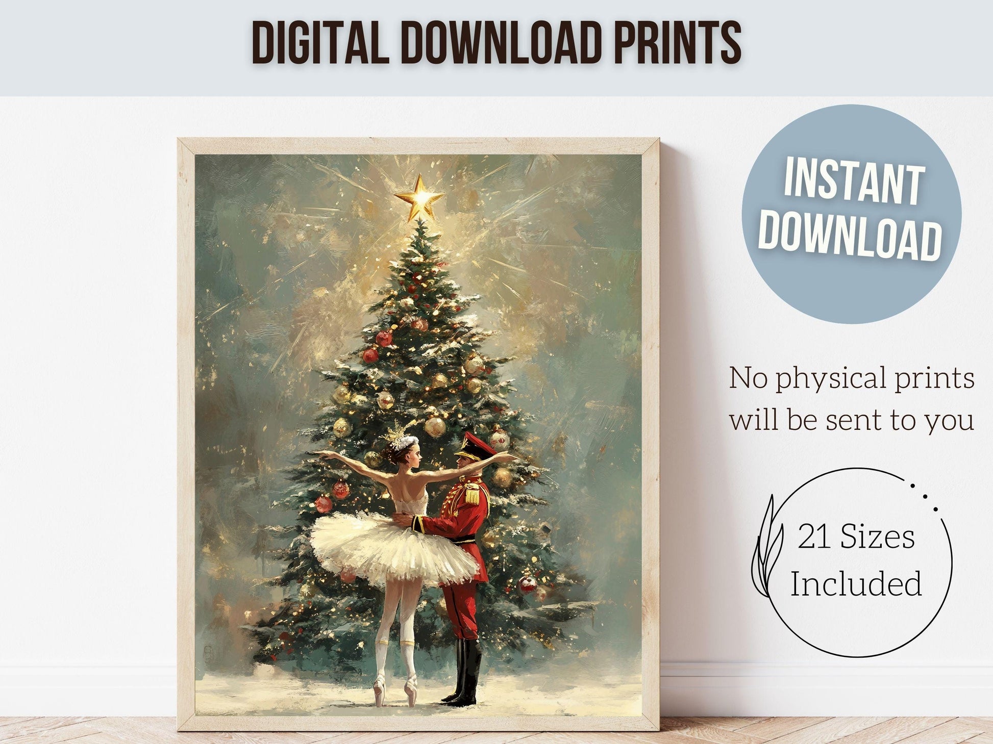 Vintage Christmas Tree Print, Ballerina Christmas Printable Wall Art, Festive Christmas Decor, Nutcracker Ballet Christmas Digital Print