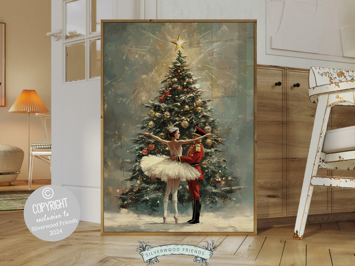 Vintage Christmas Tree Print, Ballerina Christmas Printable Wall Art, Festive Christmas Decor, Nutcracker Ballet Christmas Digital Print