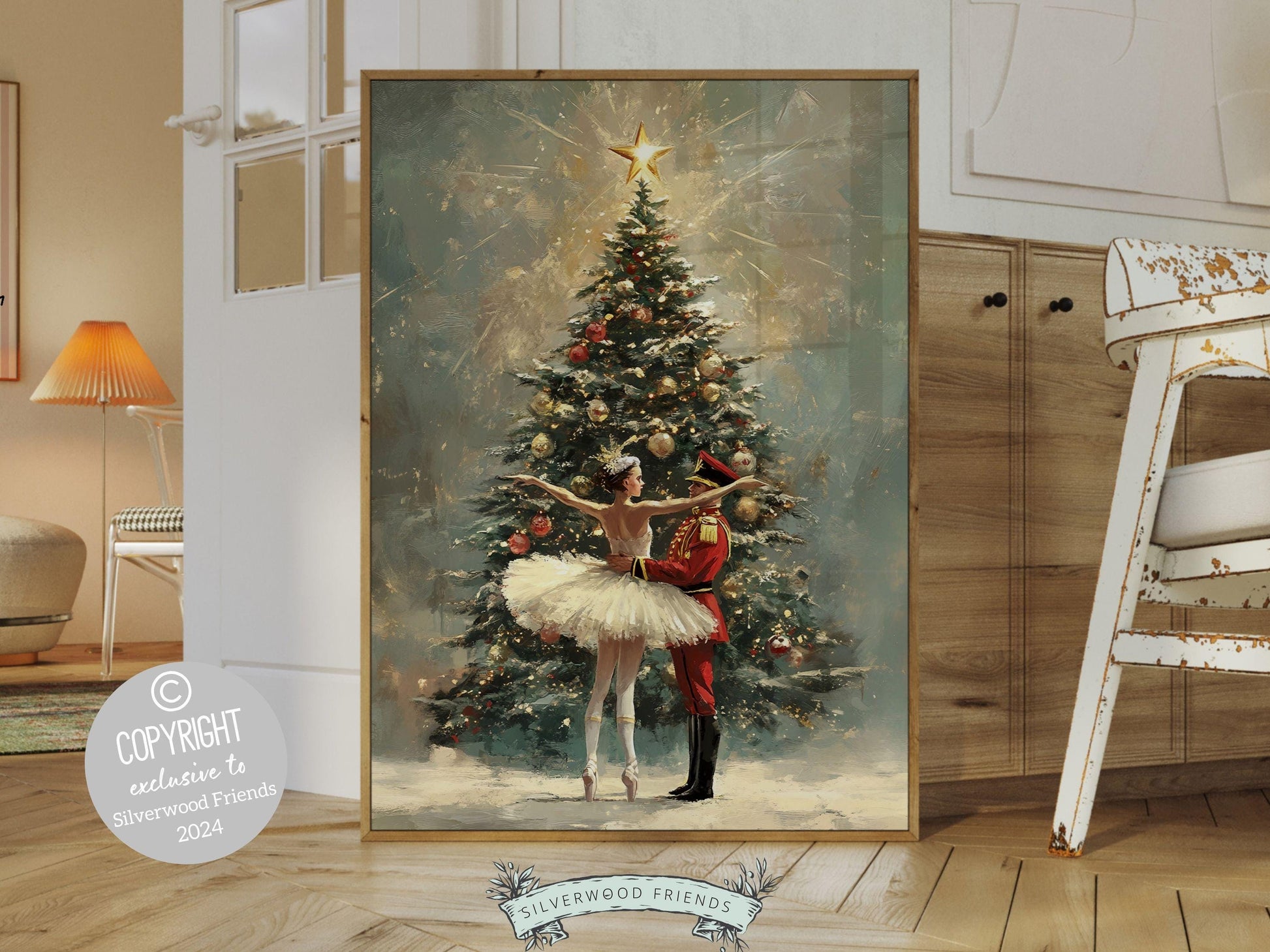 Vintage Christmas Tree Print, Ballerina Christmas Printable Wall Art, Festive Christmas Decor, Nutcracker Ballet Christmas Digital Print