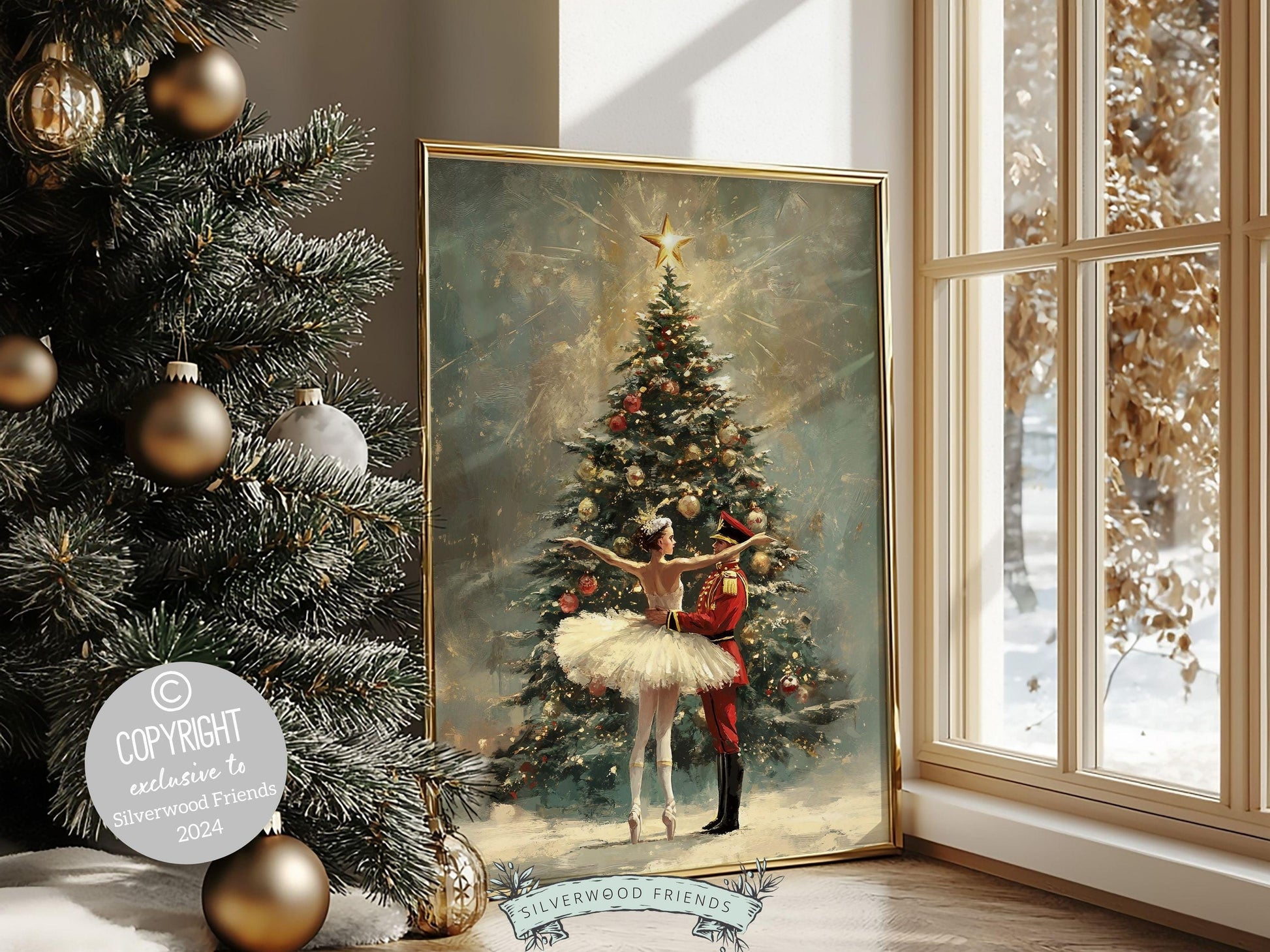 Vintage Christmas Tree Print, Ballerina Christmas Printable Wall Art, Festive Christmas Decor, Nutcracker Ballet Christmas Digital Print