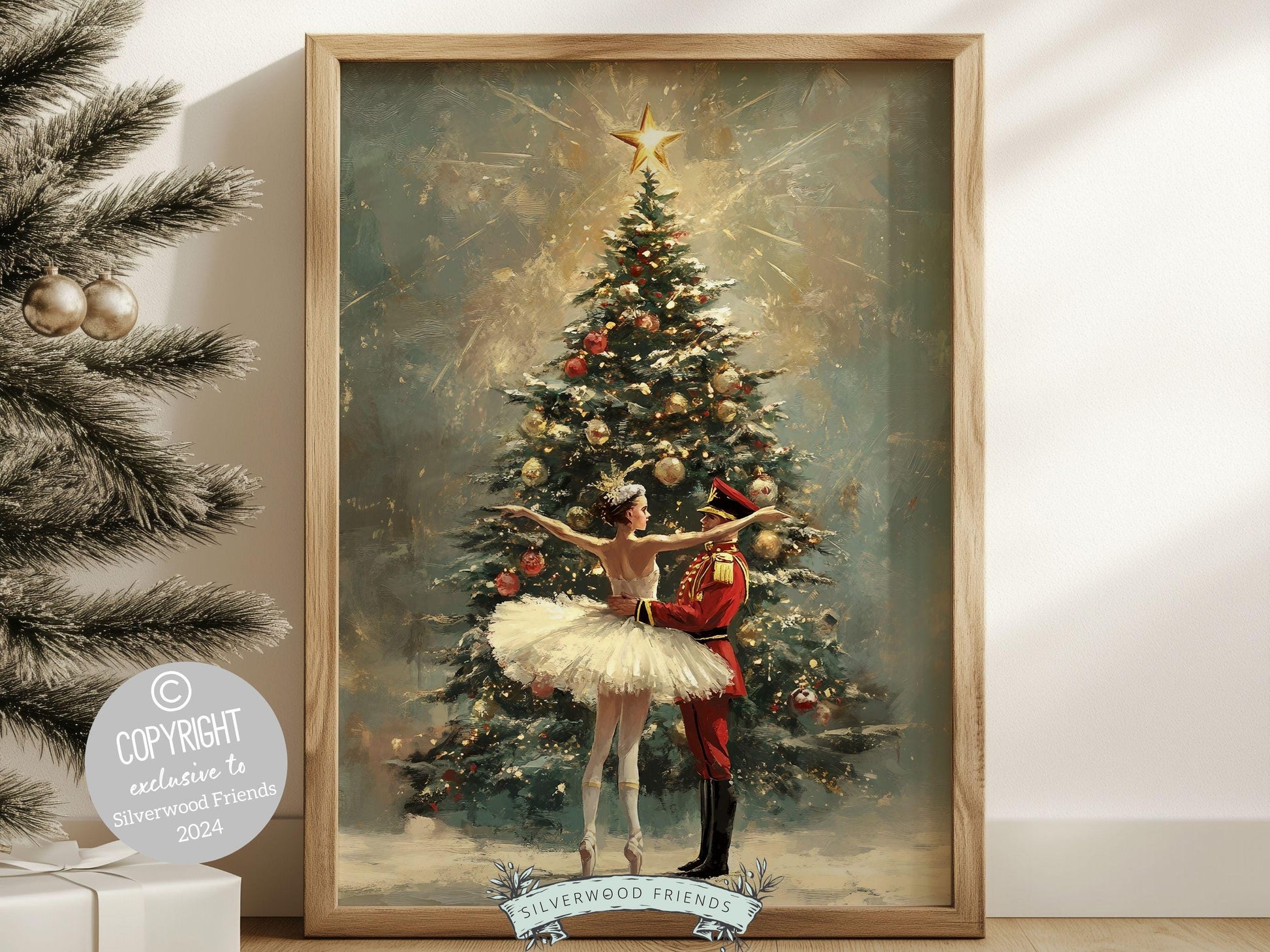 This enchanting Christmas ballet print captures a magical moment as a graceful ballerina dances with a Nutcracker soldier in front of a beautiful Christmas tree. The perfect gift for ballet lovers or a babys first Christmas