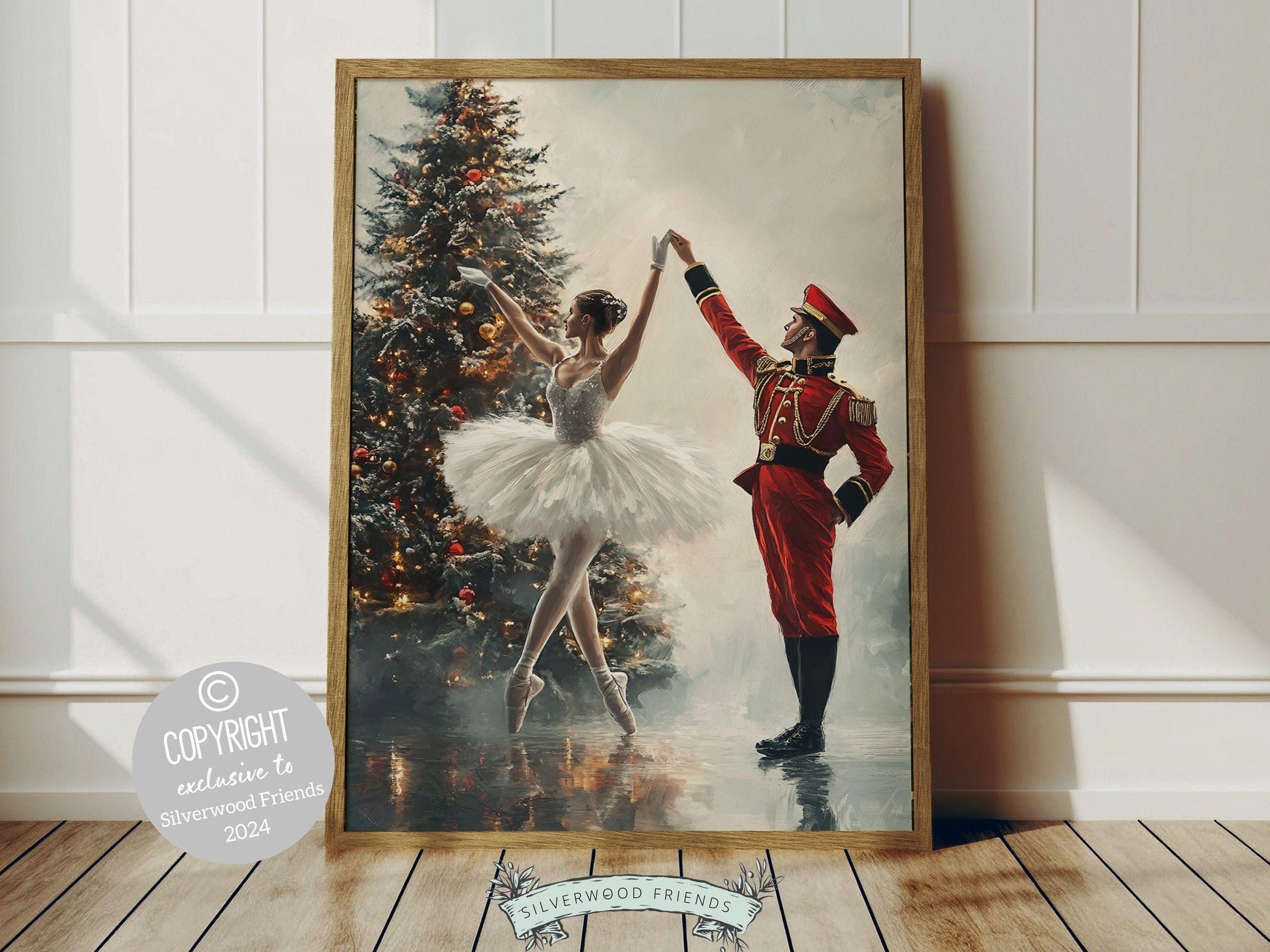 Capture the magic of the season with this enchanting Christmas ballet print, featuring a graceful ballerina twirling with a Nutcracker soldier in front of a Christmas tree.