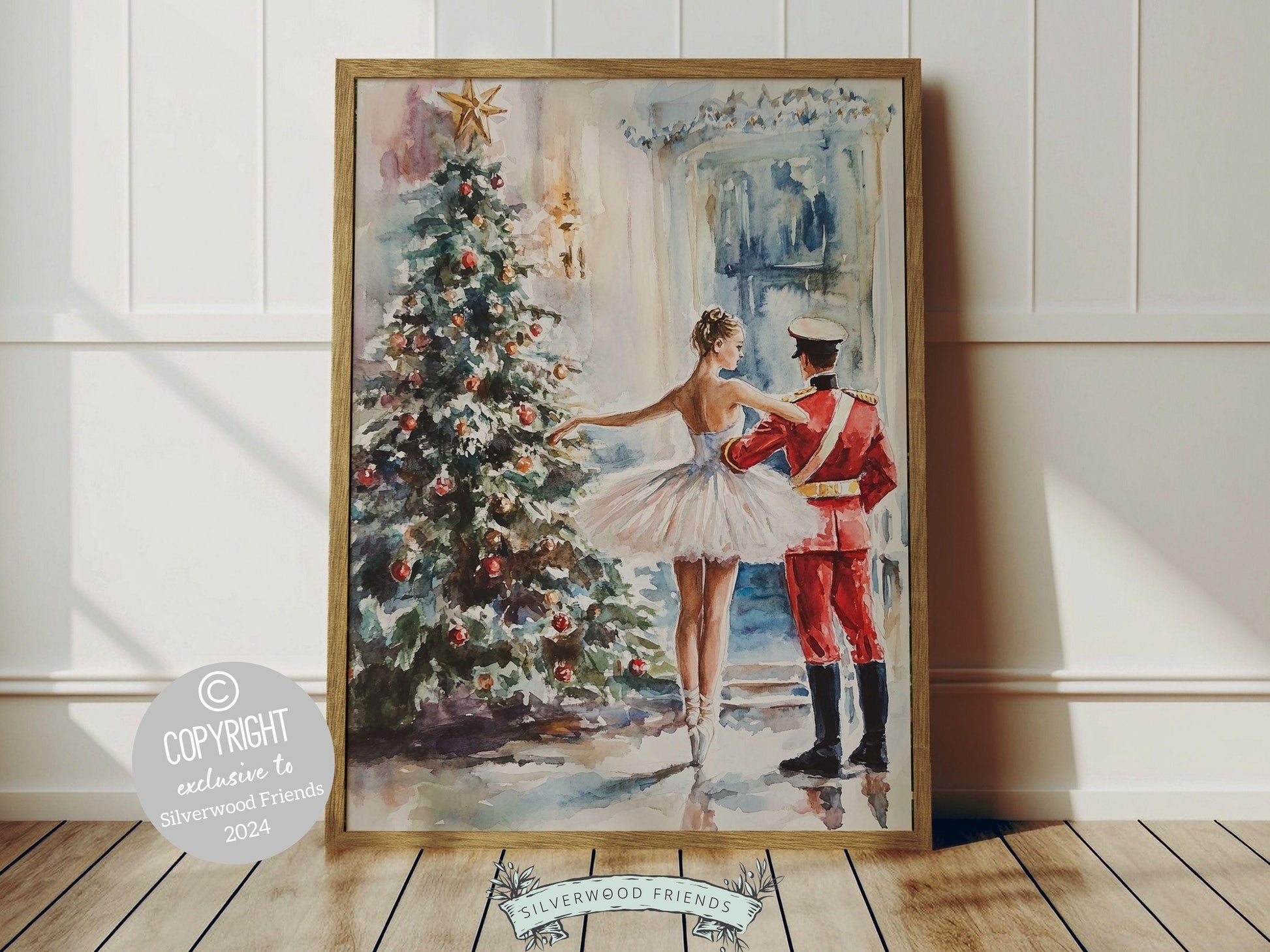 This enchanting Christmas ballet print captures a magical moment between a graceful ballerina and a Nutcracker soldier in front of a beautiful Christmas tree.