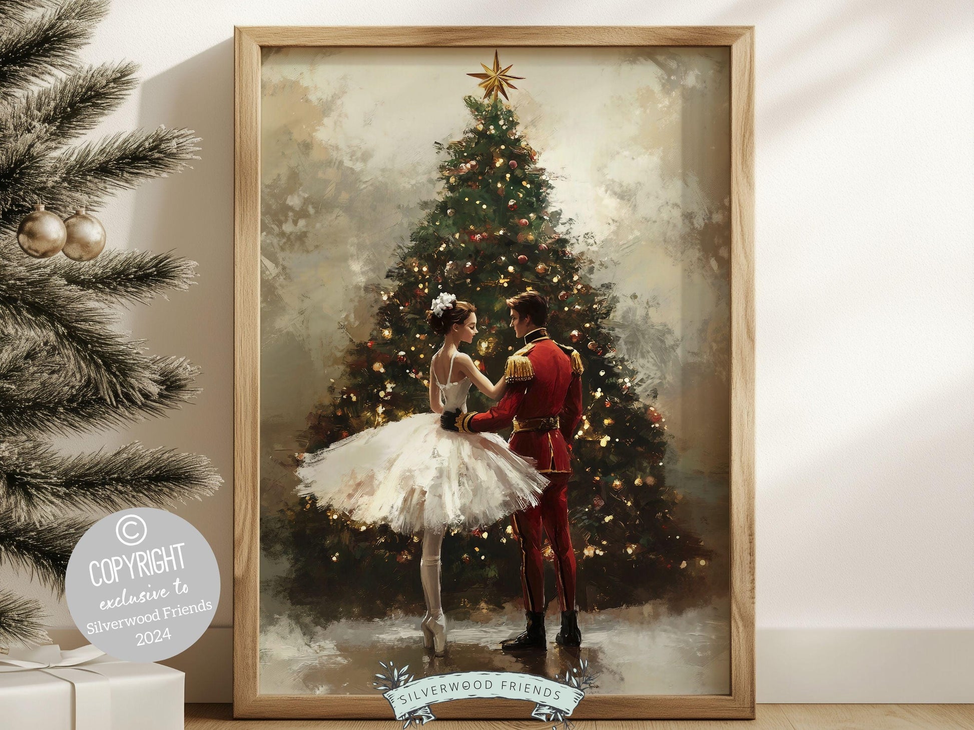 This enchanting Christmas ballet print captures a magical moment between a graceful ballerina and a Nutcracker soldier in front of a beautiful Christmas tree.