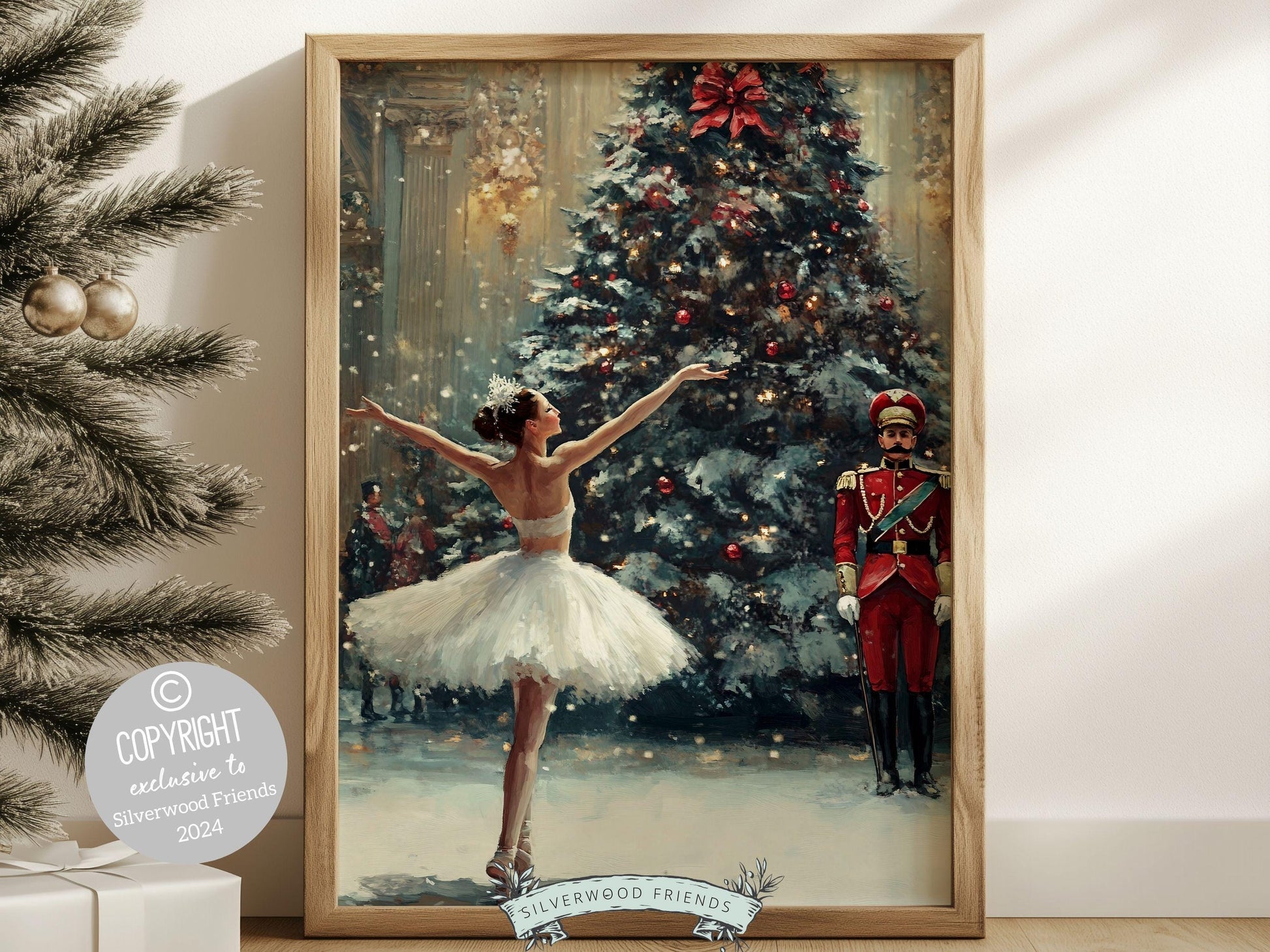 This enchanting Christmas ballet print captures a magical moment a ballerina dances in front of a beautiful Christmas tree.