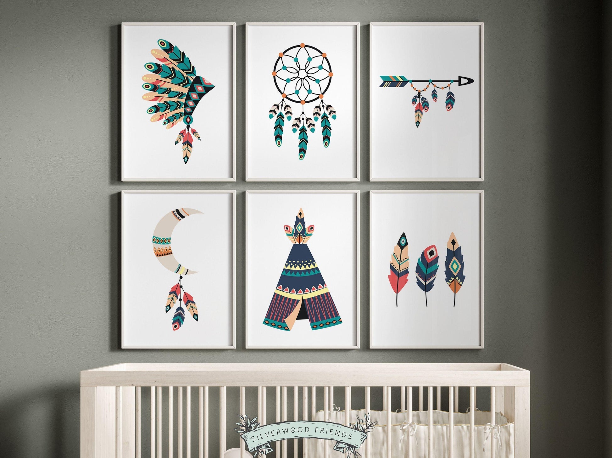 Tribal Nursery Prints, Boho Western Nursery Decor, Toddler Folk Room Decor, Kids Room Wall Decor, Feather Dreamcatcher Nursery Digital Print