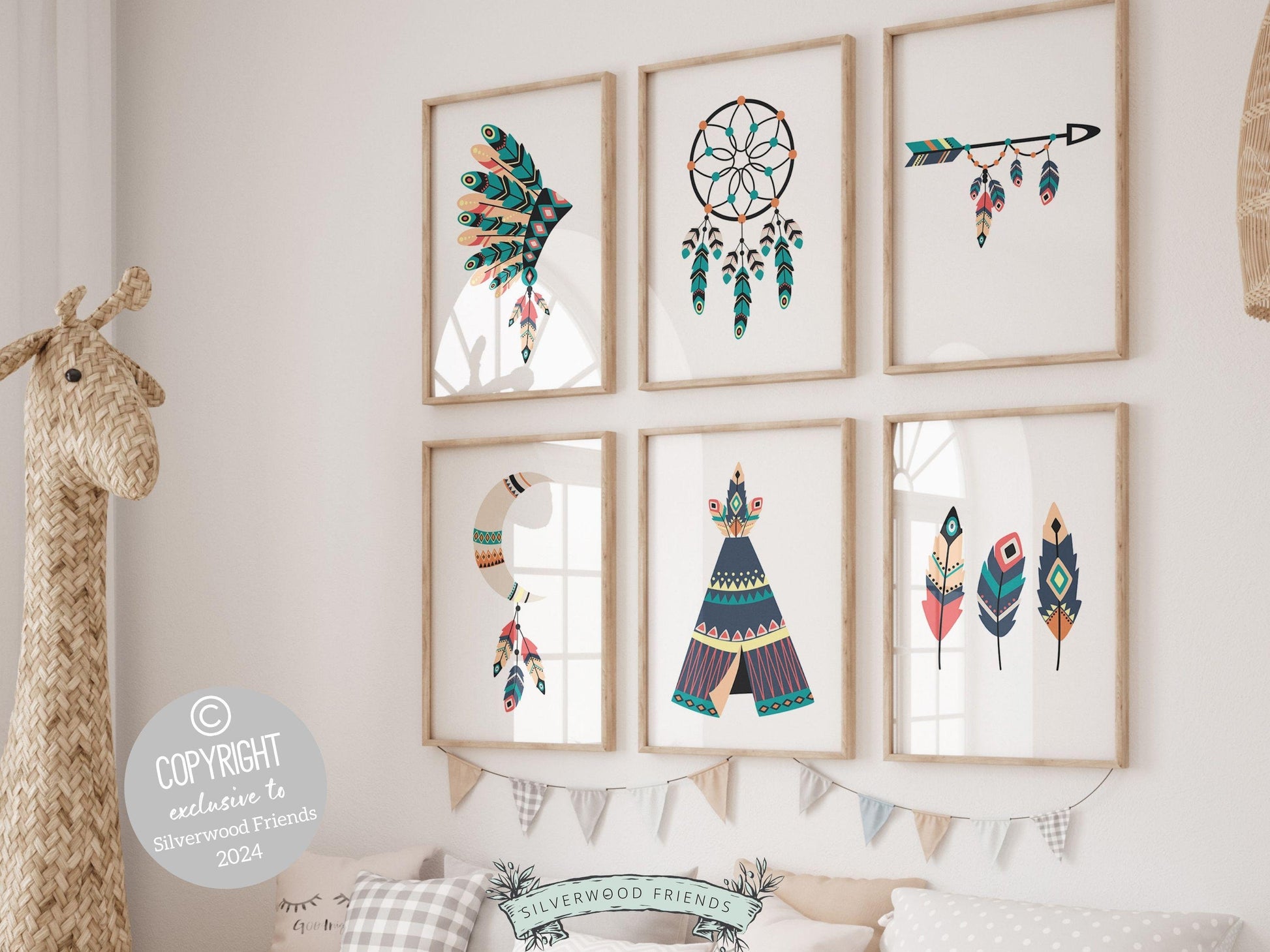 Set of 6 Tribal Nursery Prints featuring delightful folk headdress, dreamcatchers, teepee, feathers and arrow, and is the perfect addition to your tribal or western nursery decor!