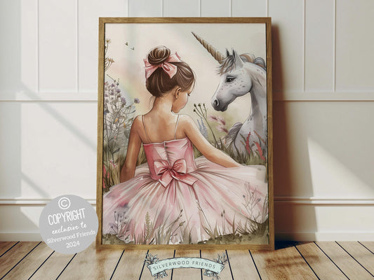 Transform your baby girl&#39;s nursery with our Unicorn Nursery Print, featuring a brunette ballerina and unicorn amidst wildflowers in lovely muted watercolors.