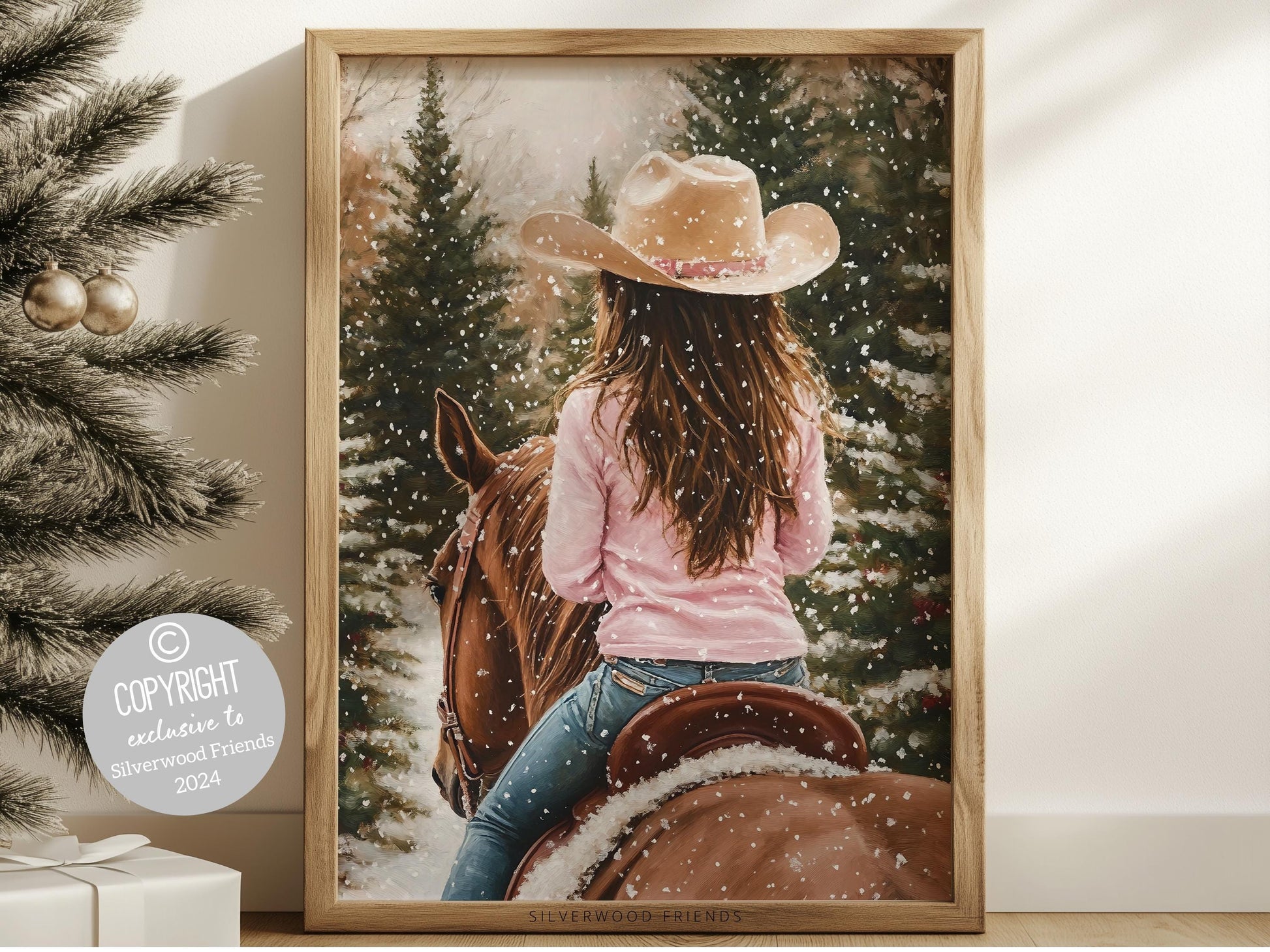 Cowgirl Horse Christmas Print, Baby Girl Western Cowgirl Horse Nursery Decor, Seasonal Decor, Holiday Art, Christmas Tree Farm Digital Print