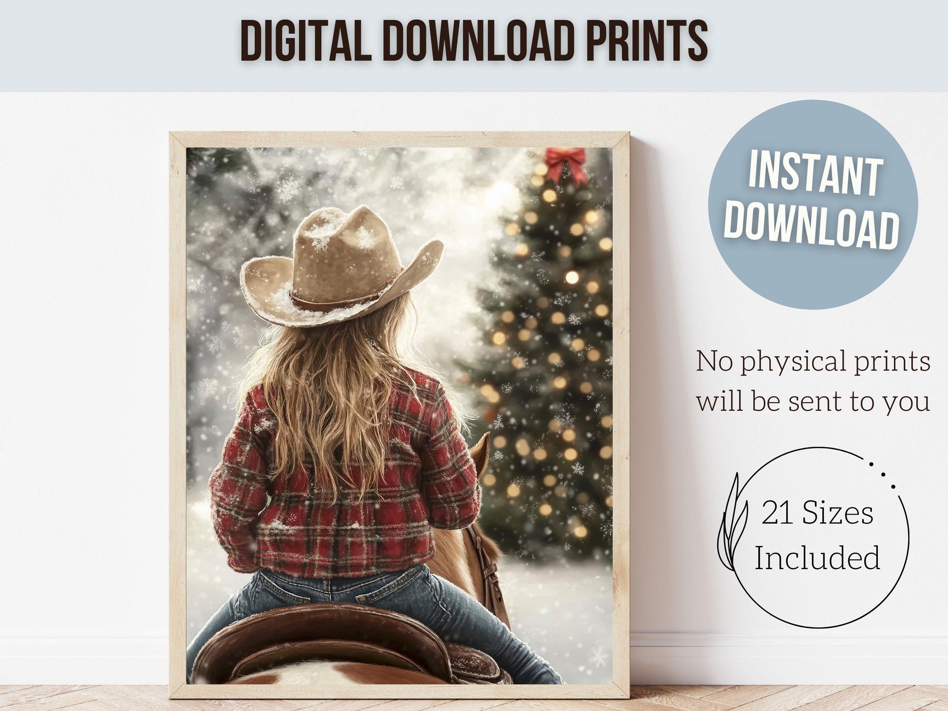 Cowgirl Horse Christmas Wall Art, Western Cowgirl Horse Nursery Wall Decor, Winter Forest Wall Decor, Christmas Cowgirl Horse Digital Print