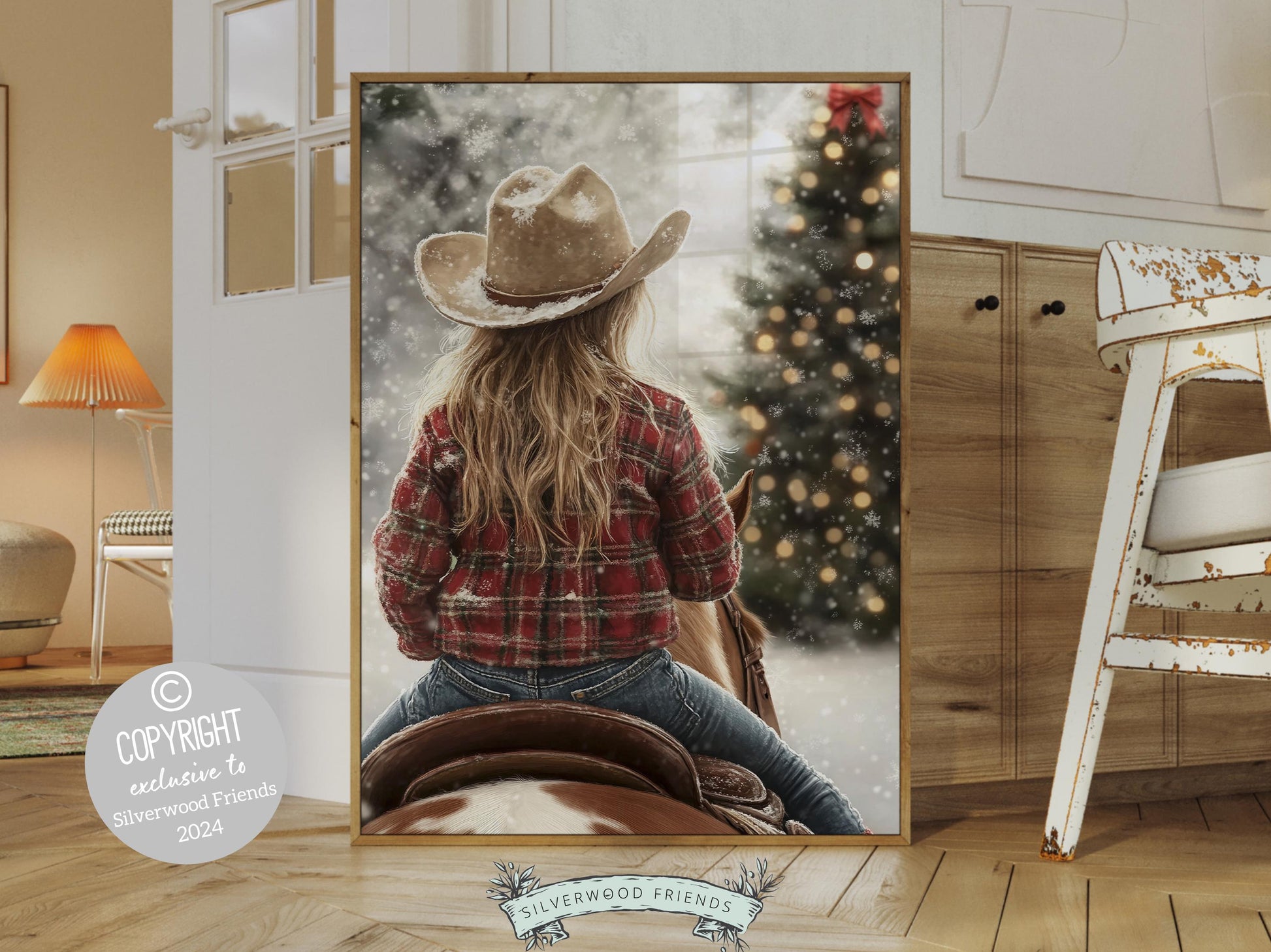 Cowgirl Horse Christmas Wall Art, Western Cowgirl Horse Nursery Wall Decor, Winter Forest Wall Decor, Christmas Cowgirl Horse Digital Print
