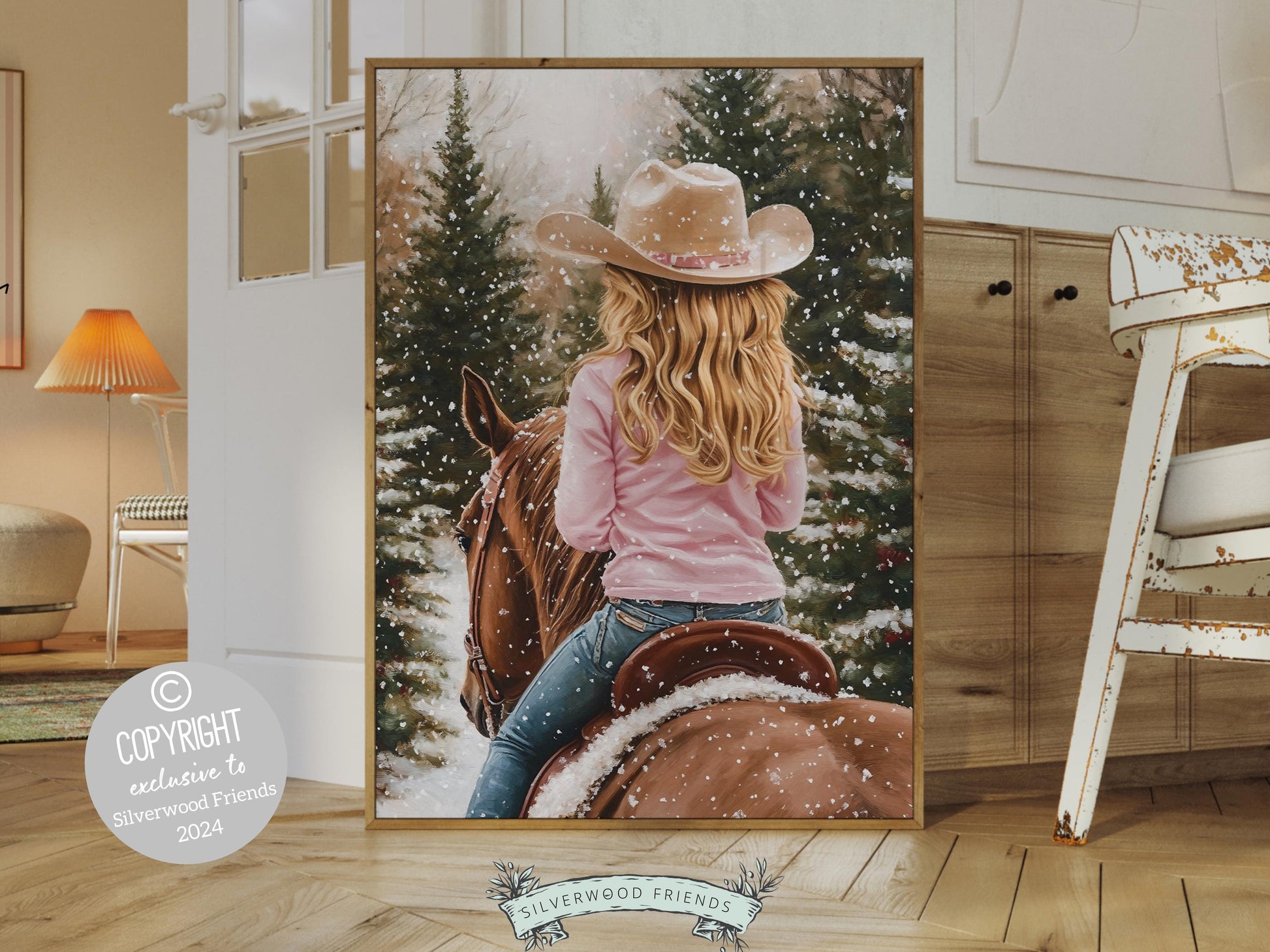 Cowgirl Horse Christmas Wall Art, Western Cowgirl Horse Nursery Wall Decor, Winter Forest Wall Decor, Christmas Cowgirl Horse Digital Print