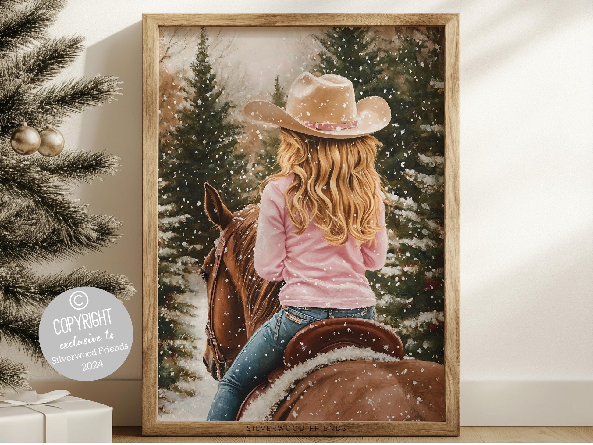 Cowgirl Horse Christmas Wall Art, Western Cowgirl Horse Nursery Wall Decor, Winter Forest Wall Decor, Christmas Cowgirl Horse Digital Print