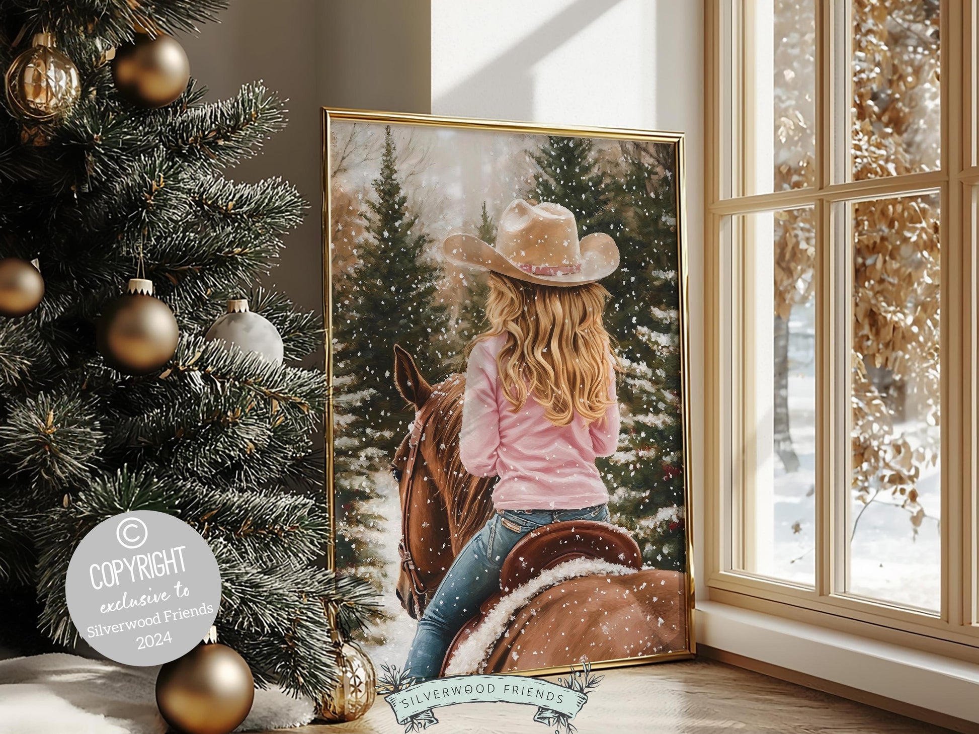 Cowgirl Horse Christmas Wall Art, Western Cowgirl Horse Nursery Wall Decor, Winter Forest Wall Decor, Christmas Cowgirl Horse Digital Print