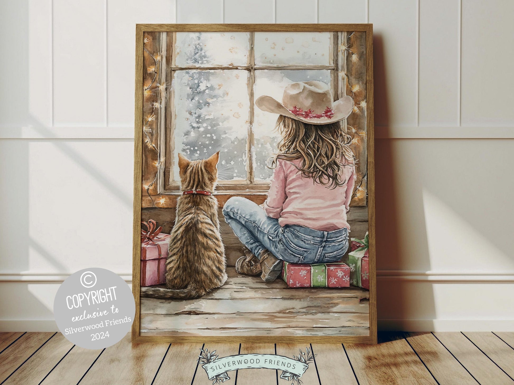Add a touch of Western magic to your home with this whimsical cowgirl Christmas print, featuring a festive cowgirl and her curious cat by a stack of Christmas gifts, dreaming by the window as snowflakes dance outside