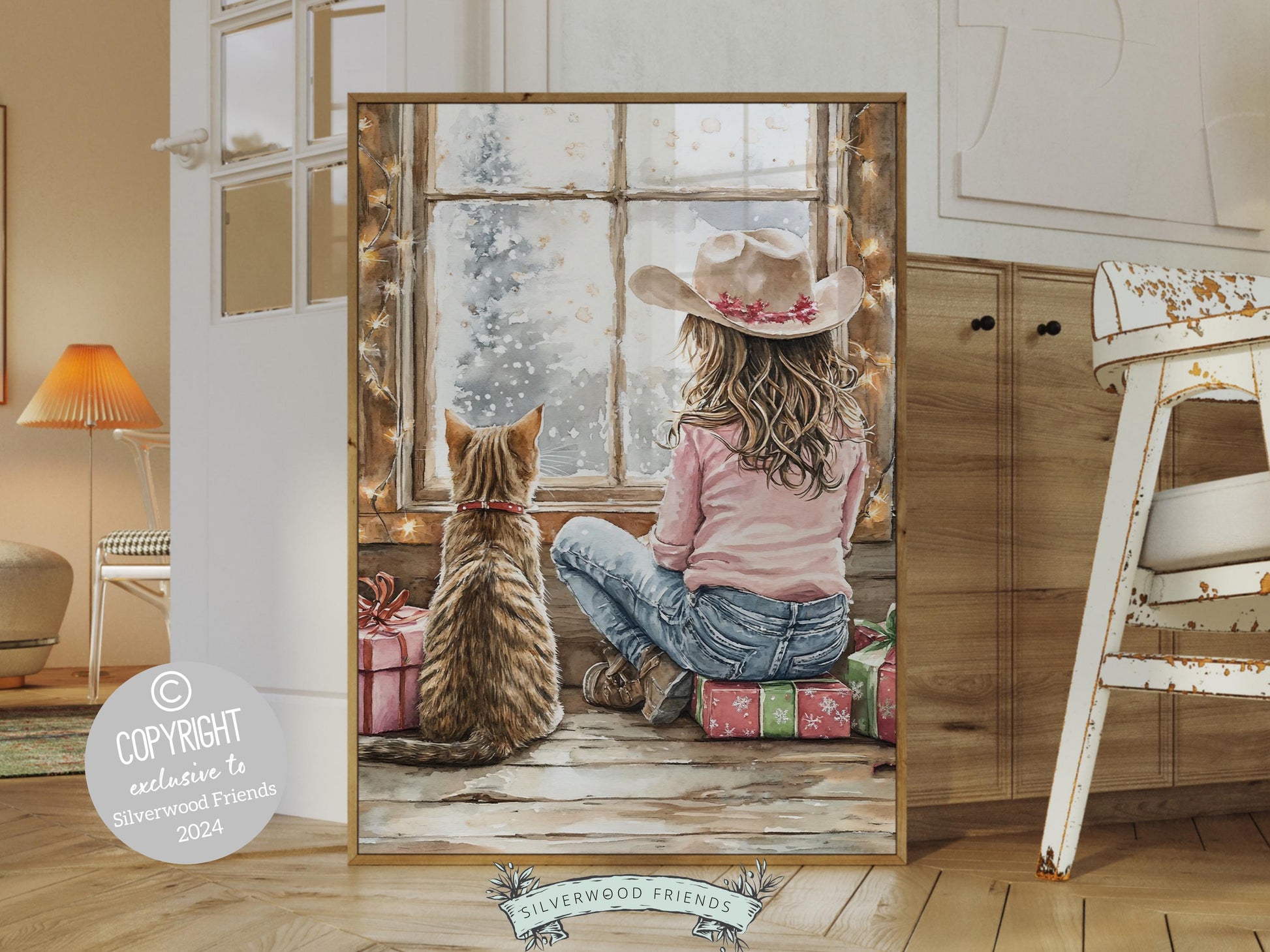 Christmas Wall Art, Cowgirl Cat Print, Baby Girl Western Christmas Nursery Decor, Rustic Seasonal Home Decor, Cat Lovers Gift Digital Print