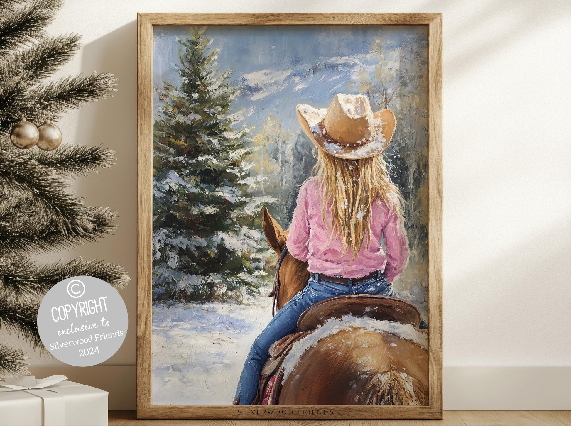 Horse Riding Christmas Wall Art, Western Cowgirl Horse Nursery Decor, Farmhouse Cozy Christmas Decor, Western Holiday Wall Art Digital Print