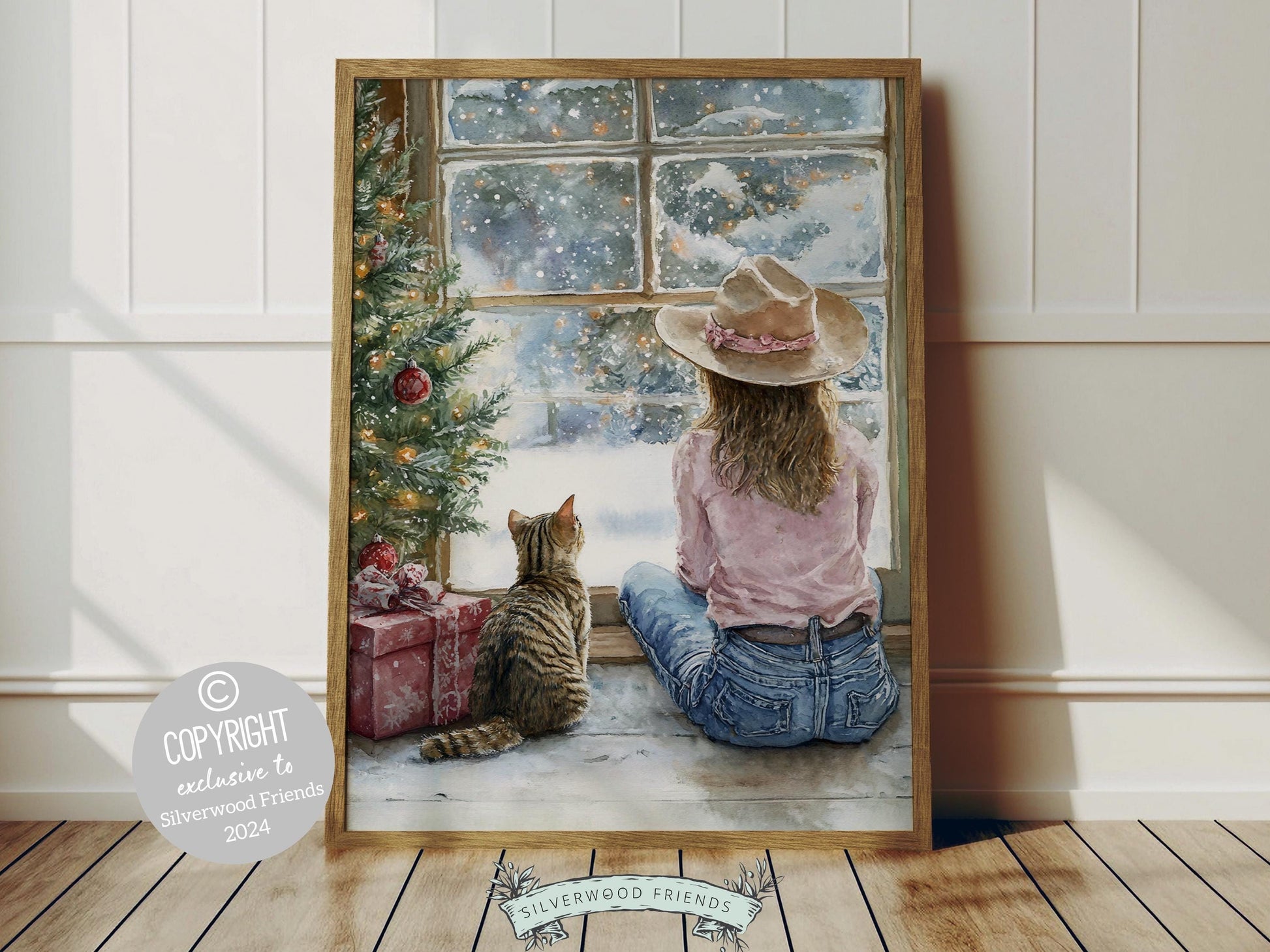 Christmas Cat Wall Art, Cowgirl Cat Print, Girl's Western Christmas Nursery Decor, Rustic Seasonal Home Decor Cat Lovers Gift Digital Print