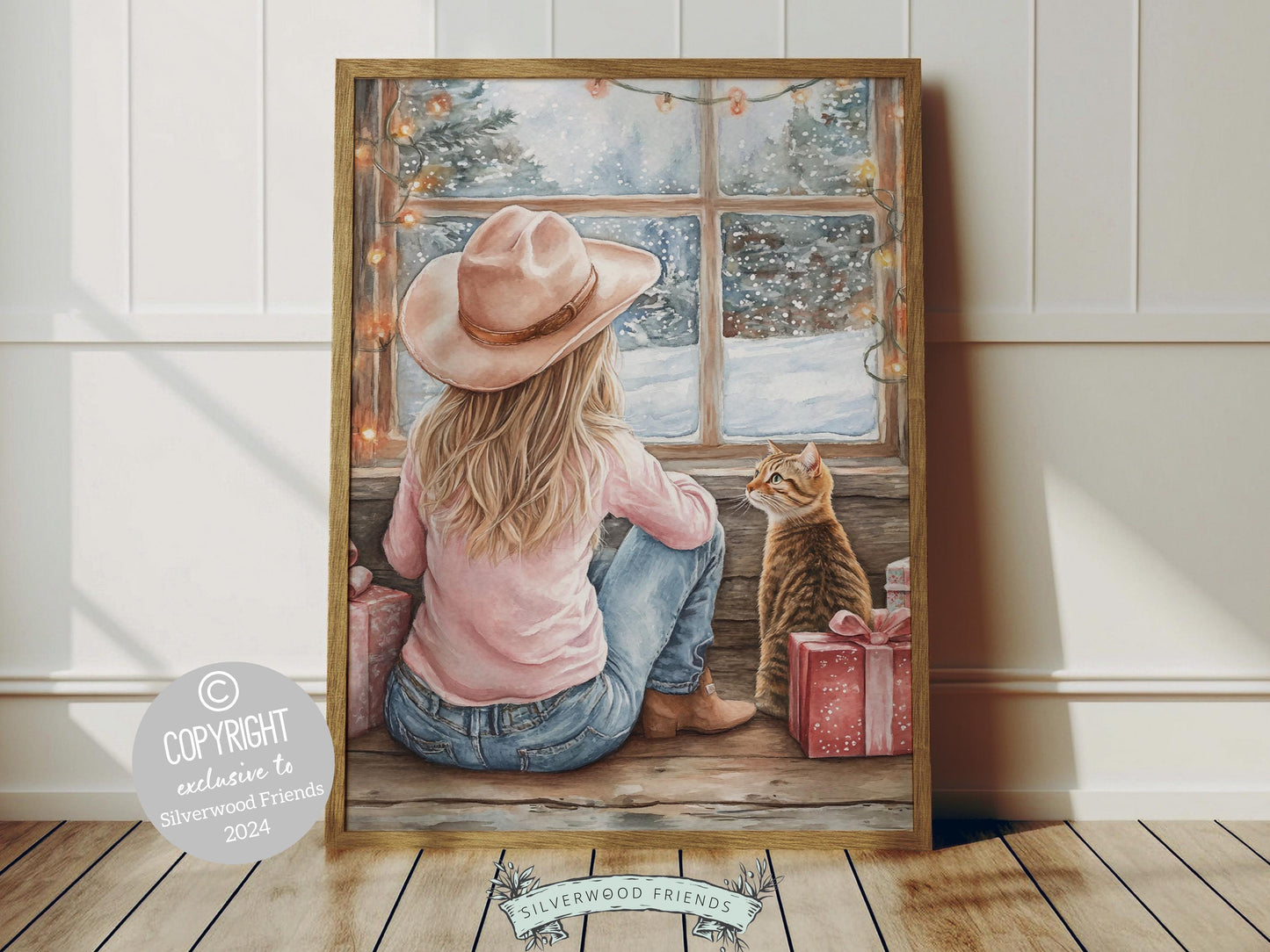 Add a touch of Western magic to your home with this whimsical cowgirl Christmas print, featuring a festive cowgirl and her curious cat by a stack of Christmas gifts, dreaming by the window as snowflakes dance outside