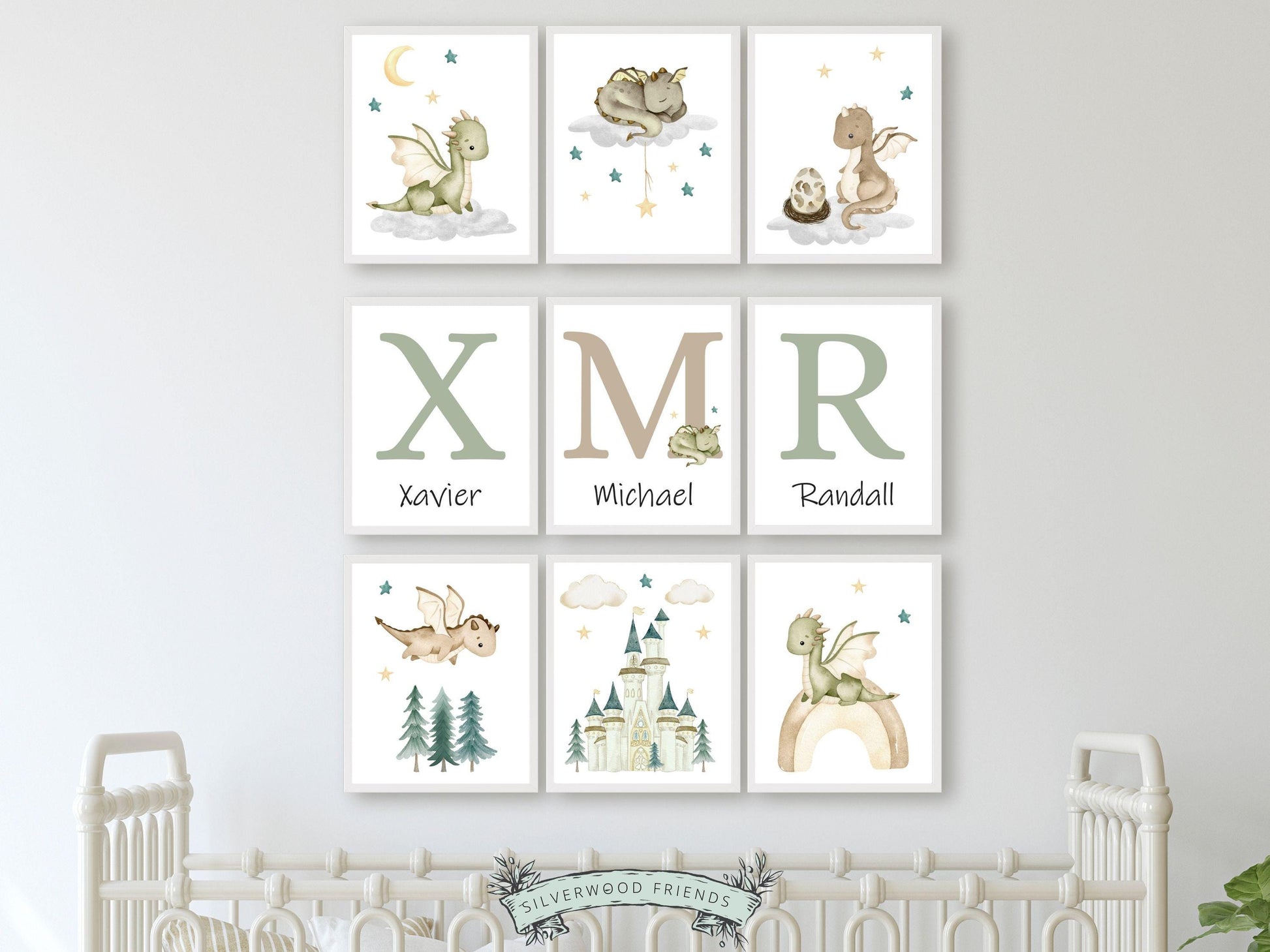 Our gorgeous Custom Baby Dragon Nursery Name Prints Set of 9 with watercolor dragons, clouds, and woodland forest, is perfect for your dragon nursery decor or fantasy theme nursery and also makes a unique gender neutral baby shower gift.