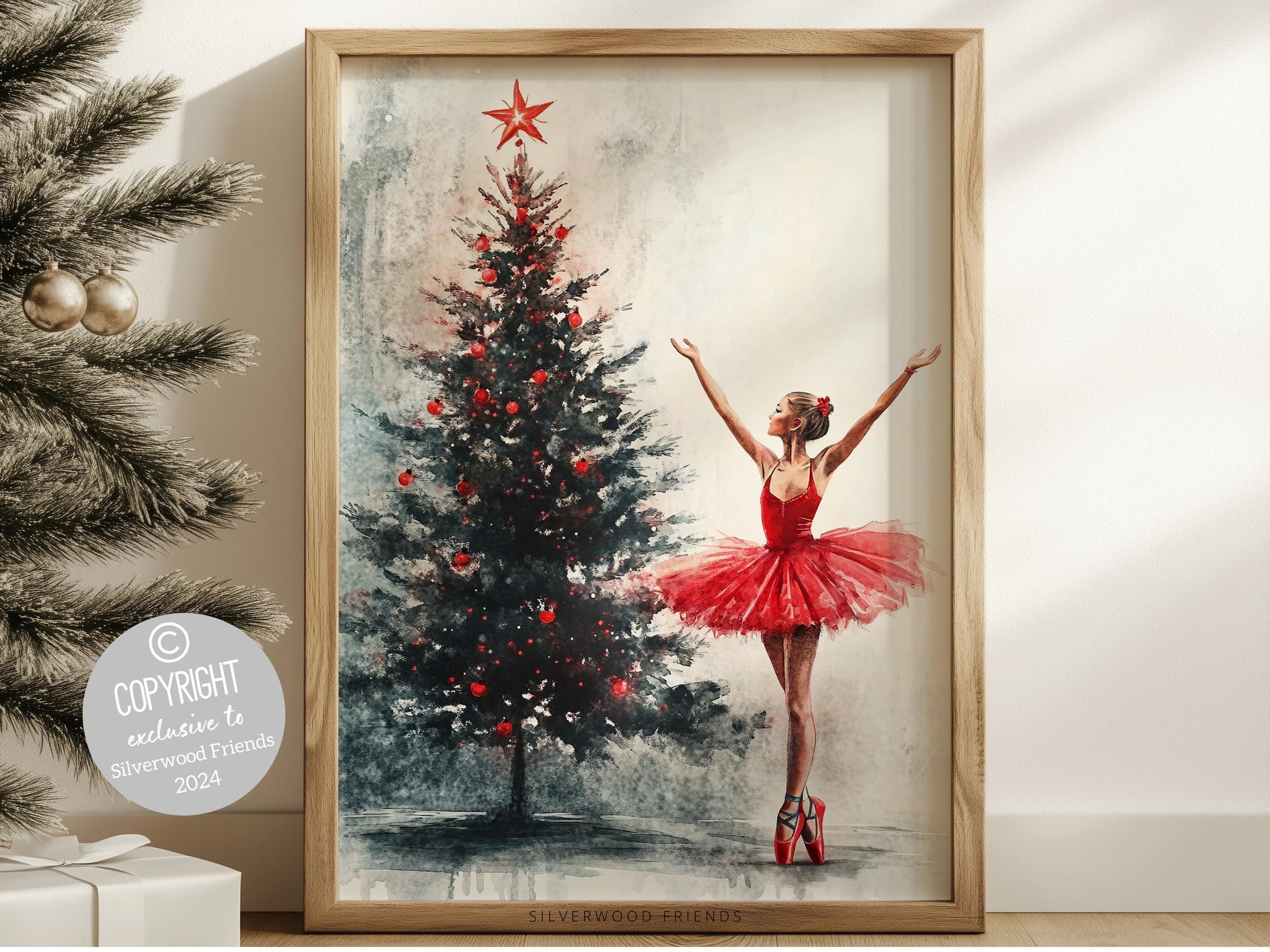 Christmas Tree Ballerina Print, Red Ballerina Christmas Printable Wall Art, Festive Christmas Decor, Girls Ballet Dancing Gift Digital Print
