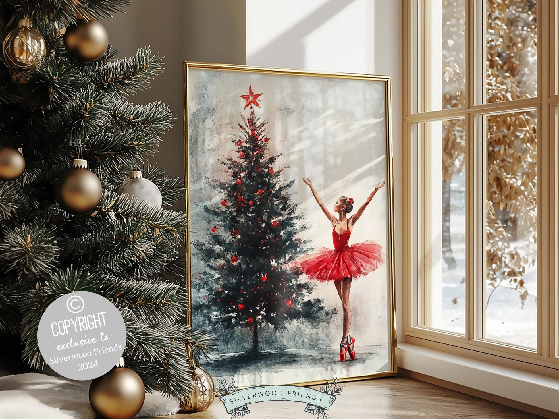 Christmas Tree Ballerina Print, Red Ballerina Christmas Printable Wall Art, Festive Christmas Decor, Girls Ballet Dancing Gift Digital Print