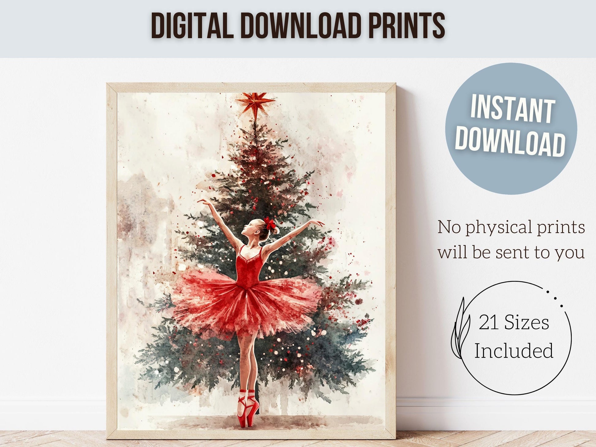 Ballerina Christmas Tree Print, Red Ballerina Christmas Printable Wall Art, Girls Ballet Dancing Gift, Festive Christmas Decor Digital Print