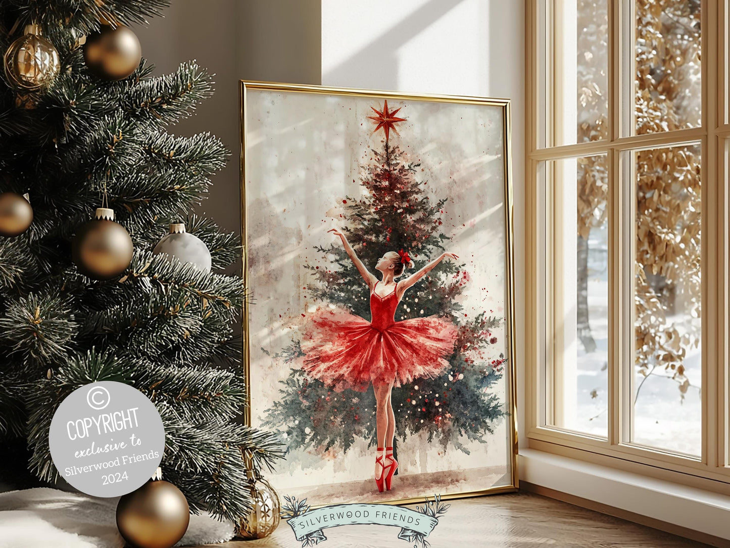 Ballerina Christmas Tree Print, Red Ballerina Christmas Printable Wall Art, Girls Ballet Dancing Gift, Festive Christmas Decor Digital Print
