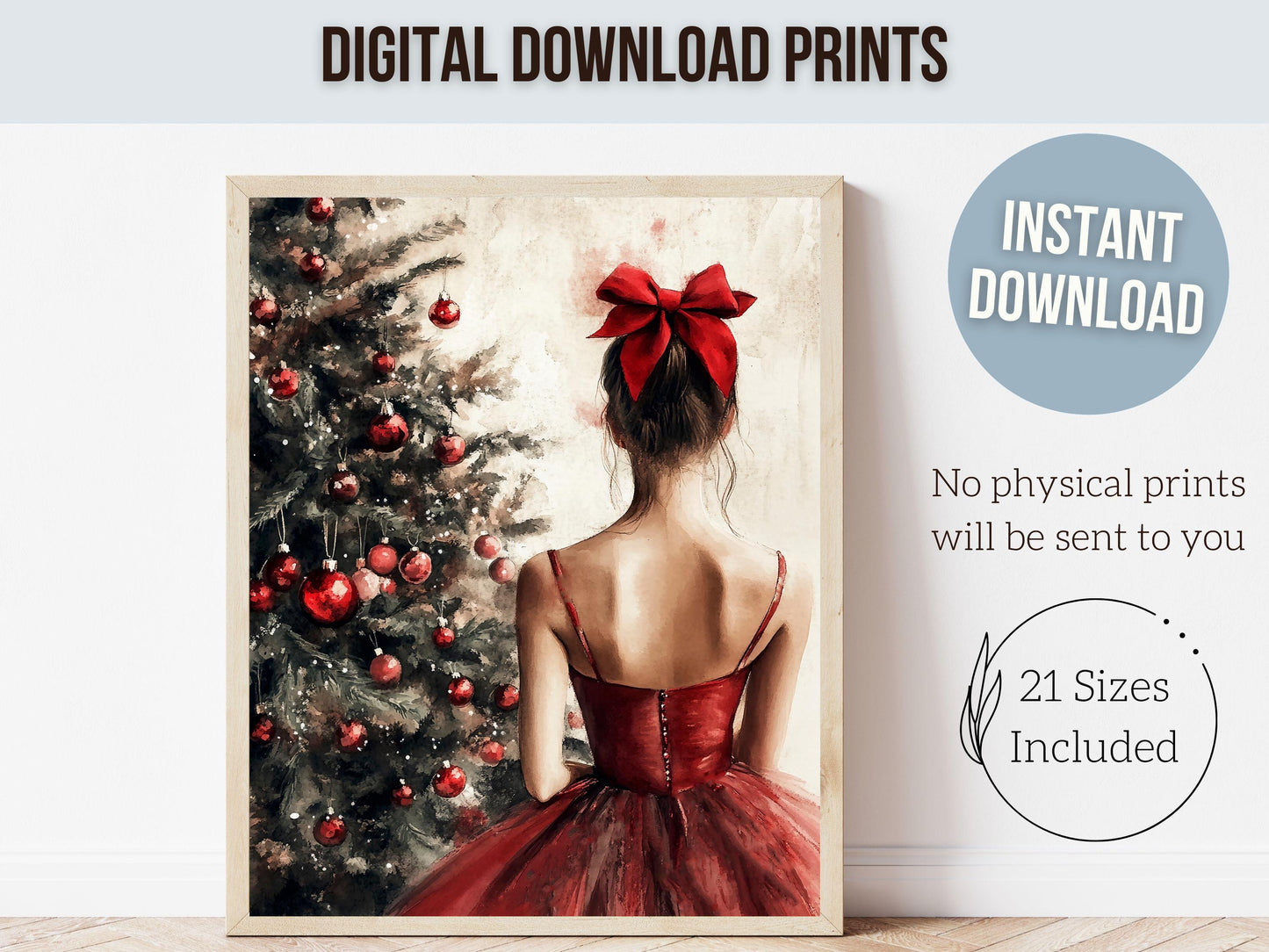Ballerina Christmas Tree Print, Red Ballerina Christmas Printable Wall Art, Girls Ballet Dancing Gift, Festive Christmas Decor Digital Print