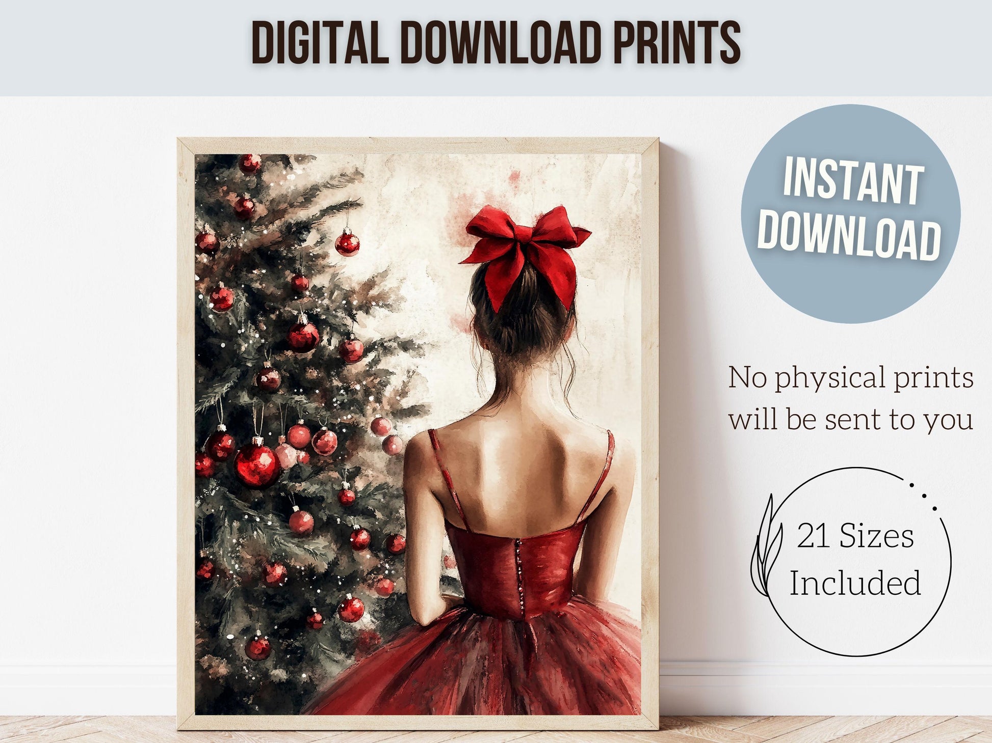 Ballerina Christmas Tree Print, Red Ballerina Christmas Printable Wall Art, Girls Ballet Dancing Gift, Festive Christmas Decor Digital Print