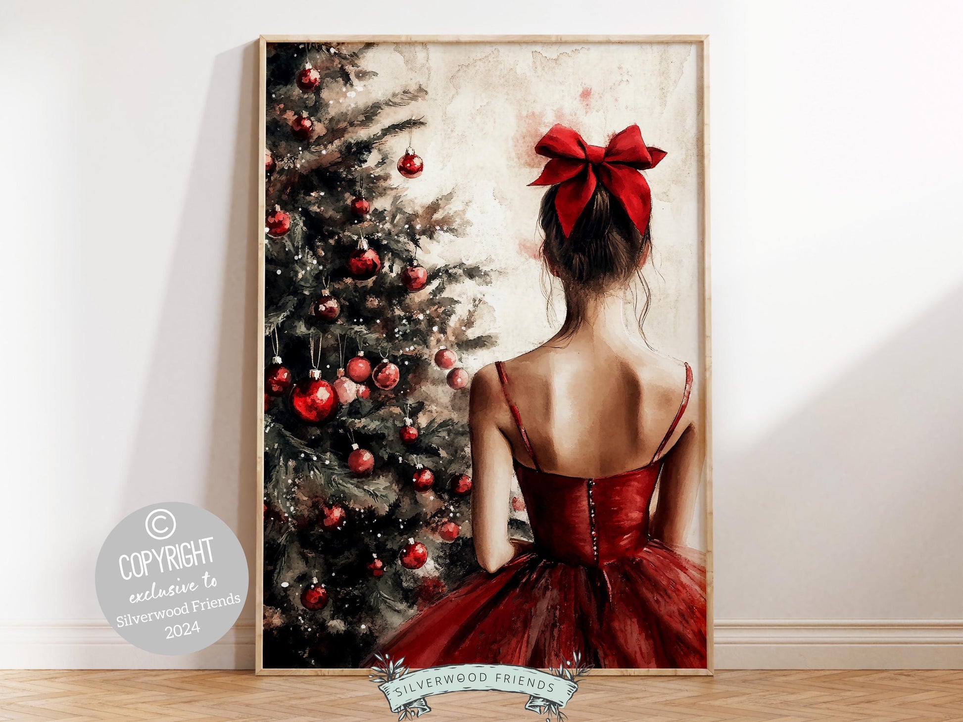 This Christmas ballet print truely is so beautiful and captures the magical moment as a graceful ballerina in a red tutu stands in front of a Christmas tree. The perfect gift for ballet lovers this print brings whimsical romance & charm to any space