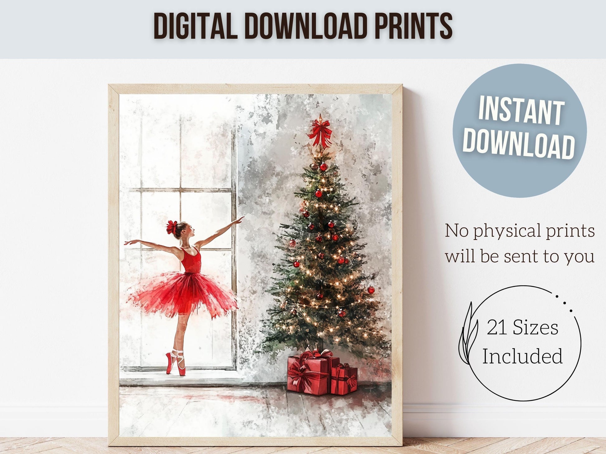 Ballerina Christmas Tree Print, Red Ballerina Christmas Printable Wall Art, Girls Ballet Dancing Gift, Festive Christmas Decor Digital Print