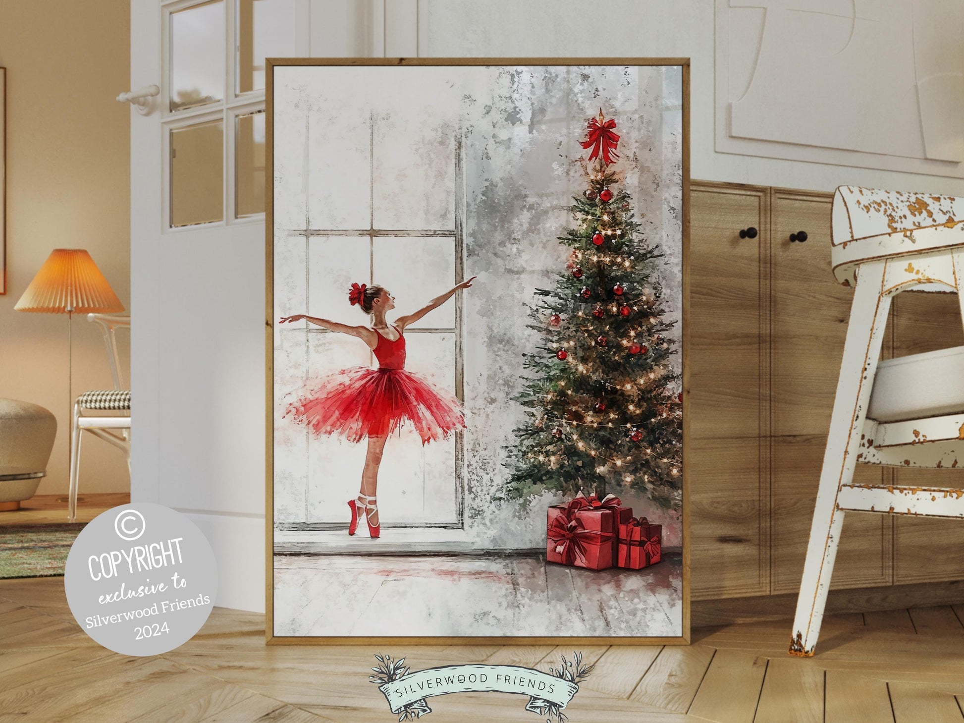 Ballerina Christmas Tree Print, Red Ballerina Christmas Printable Wall Art, Girls Ballet Dancing Gift, Festive Christmas Decor Digital Print