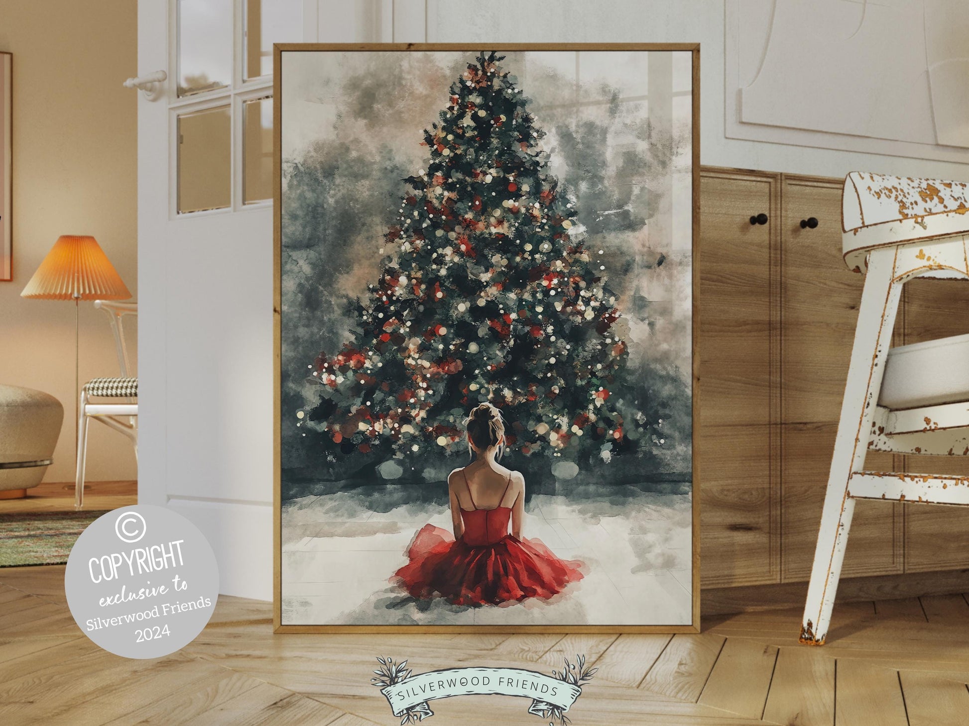 Ballerina Christmas Tree Print, Red Ballerina Christmas Printable Wall Art, Girls Ballet Dancing Gift, Festive Christmas Decor Digital Print