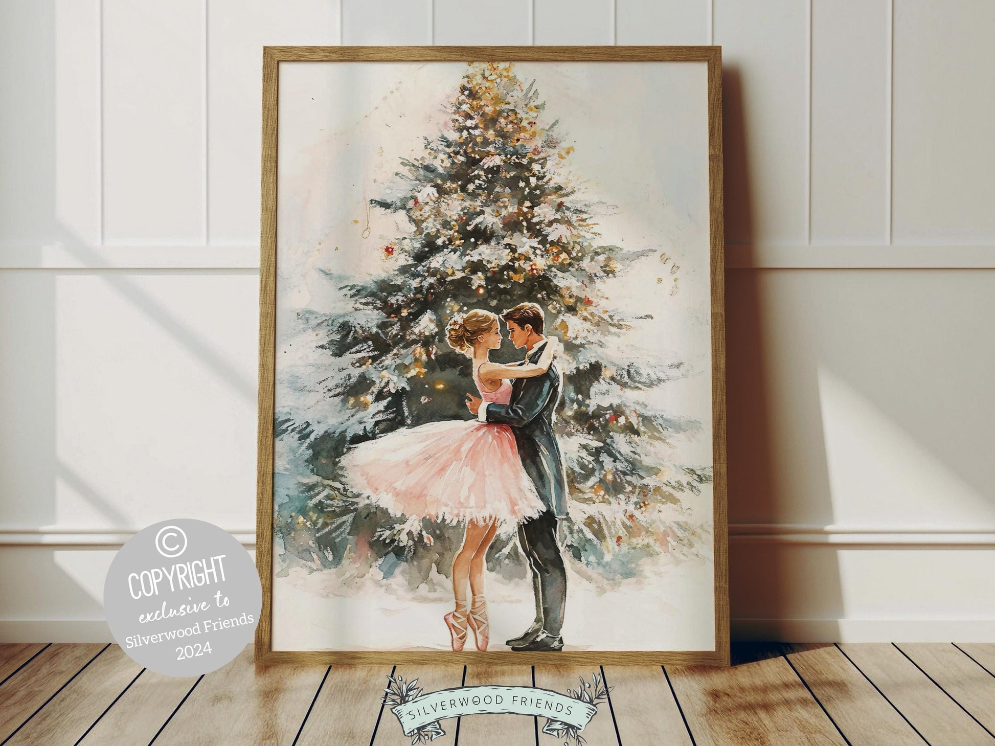 This enchanting Christmas ballet print captures a magical moment as a graceful ballerina dances with her love in front of a beautiful Christmas tree. The perfect gift for ballet lovers this print brings whimsical romance and festive charm