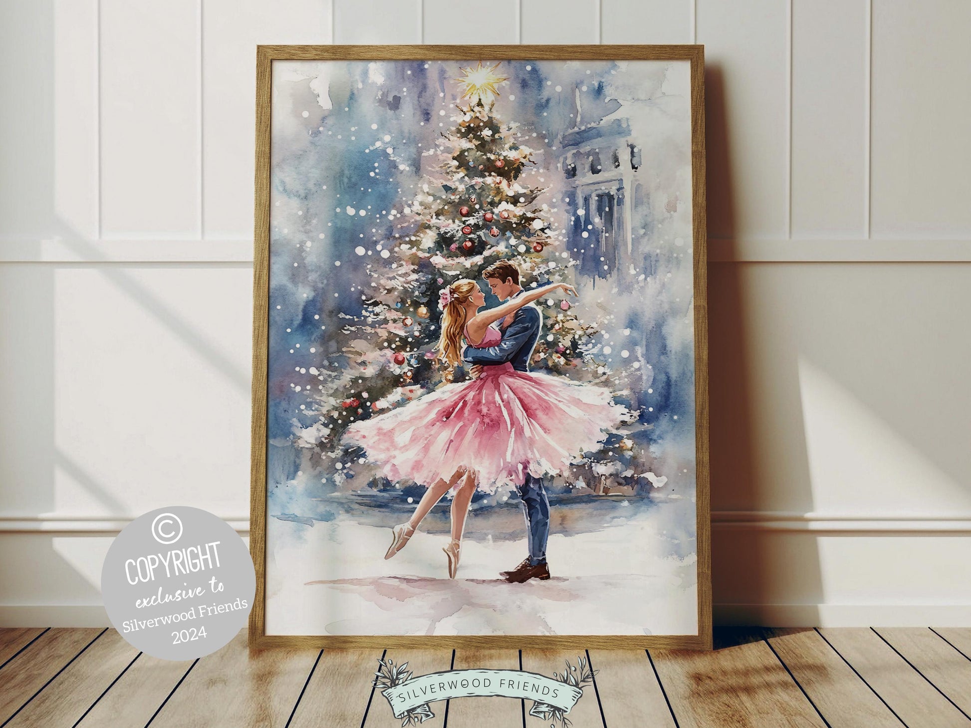 This enchanting Christmas ballet print captures a magical moment as a graceful ballerina dances with her love in front of a beautiful Christmas tree. The perfect gift for ballet lovers this print brings whimsical romance and festive charm
