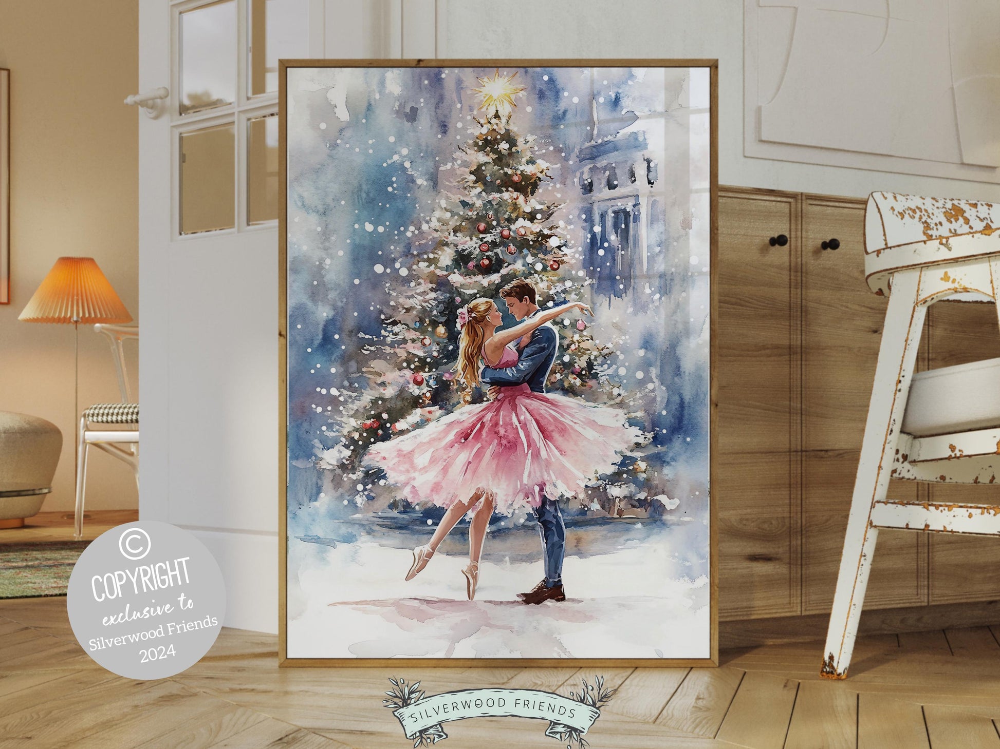 Pink Ballet Christmas Print, Ballerina Christmas Printable Wall Art, Festive Christmas Holiday Decor, Couples Christmas Tree Digital Print
